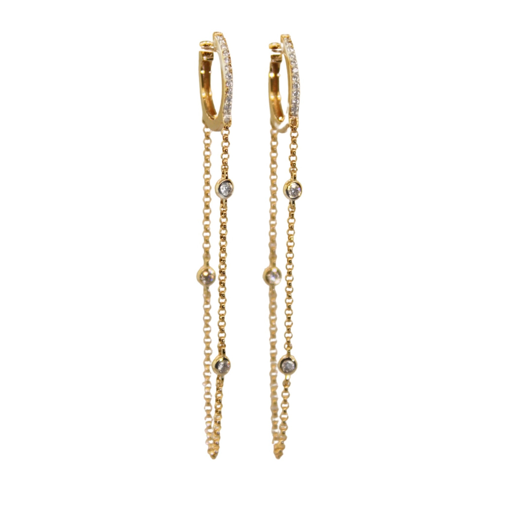 Long 3 Bezeled Diamond Chain Huggies