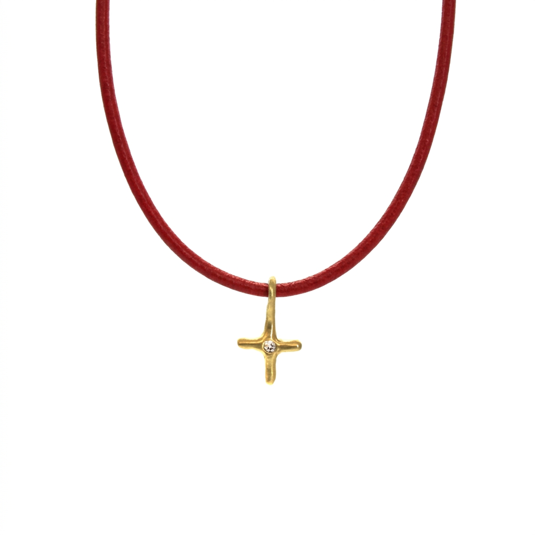 Red Leather & Diamond Cross Necklace