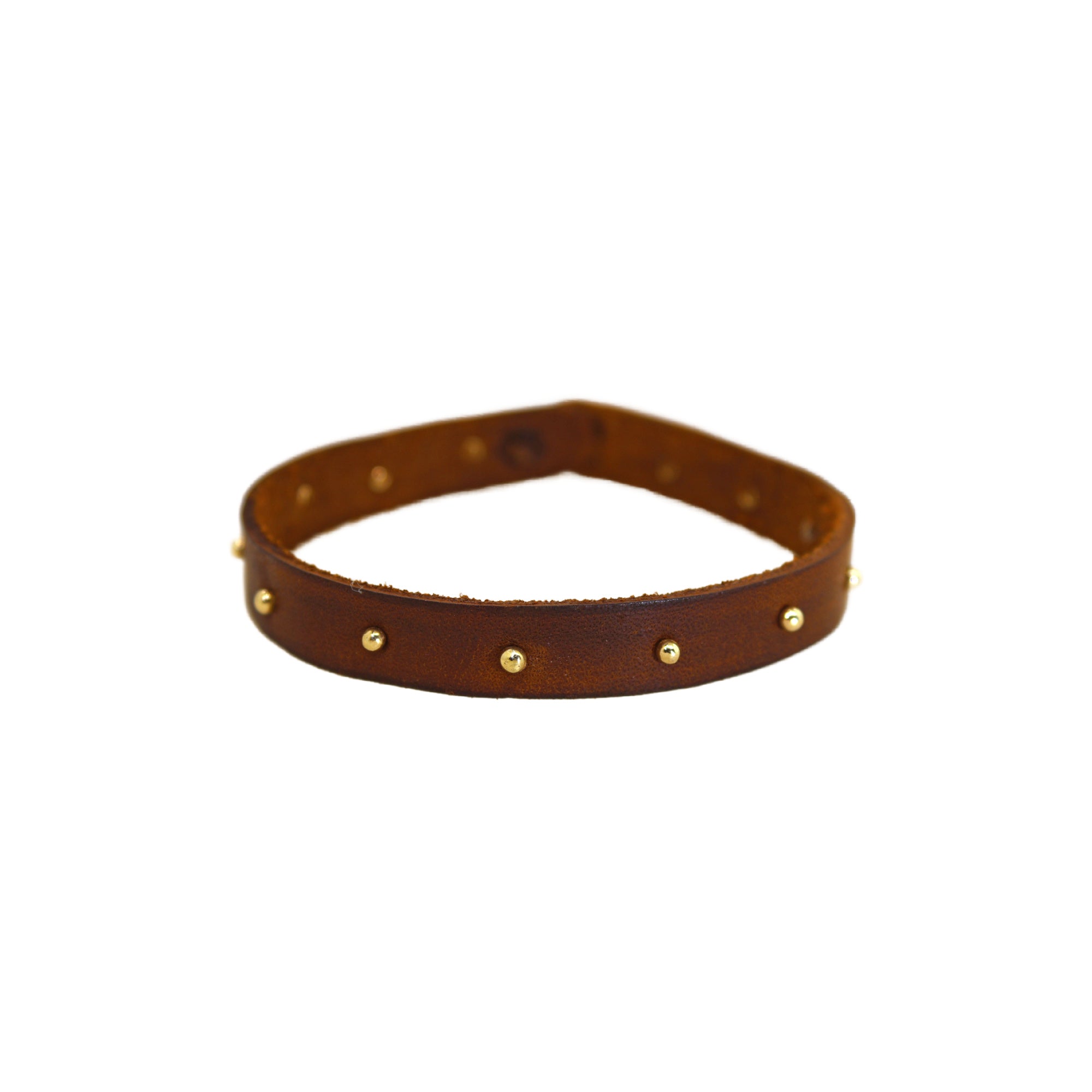 Yellow Gold Studded Brown Leather Bracelet