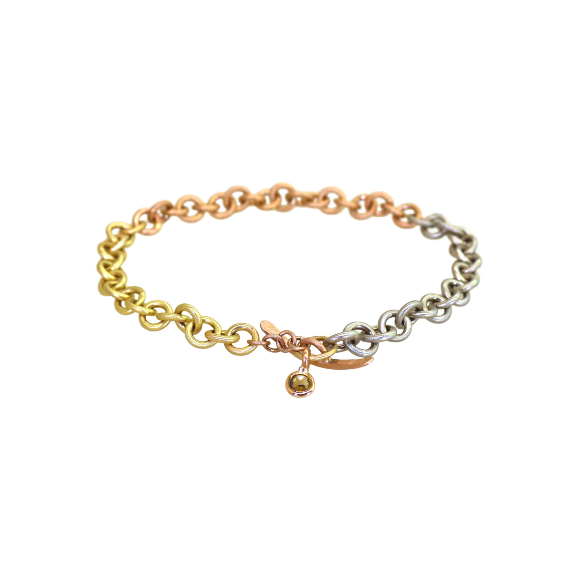 Tricolor Link Bracelet with Rose Cut Diamond Dangle