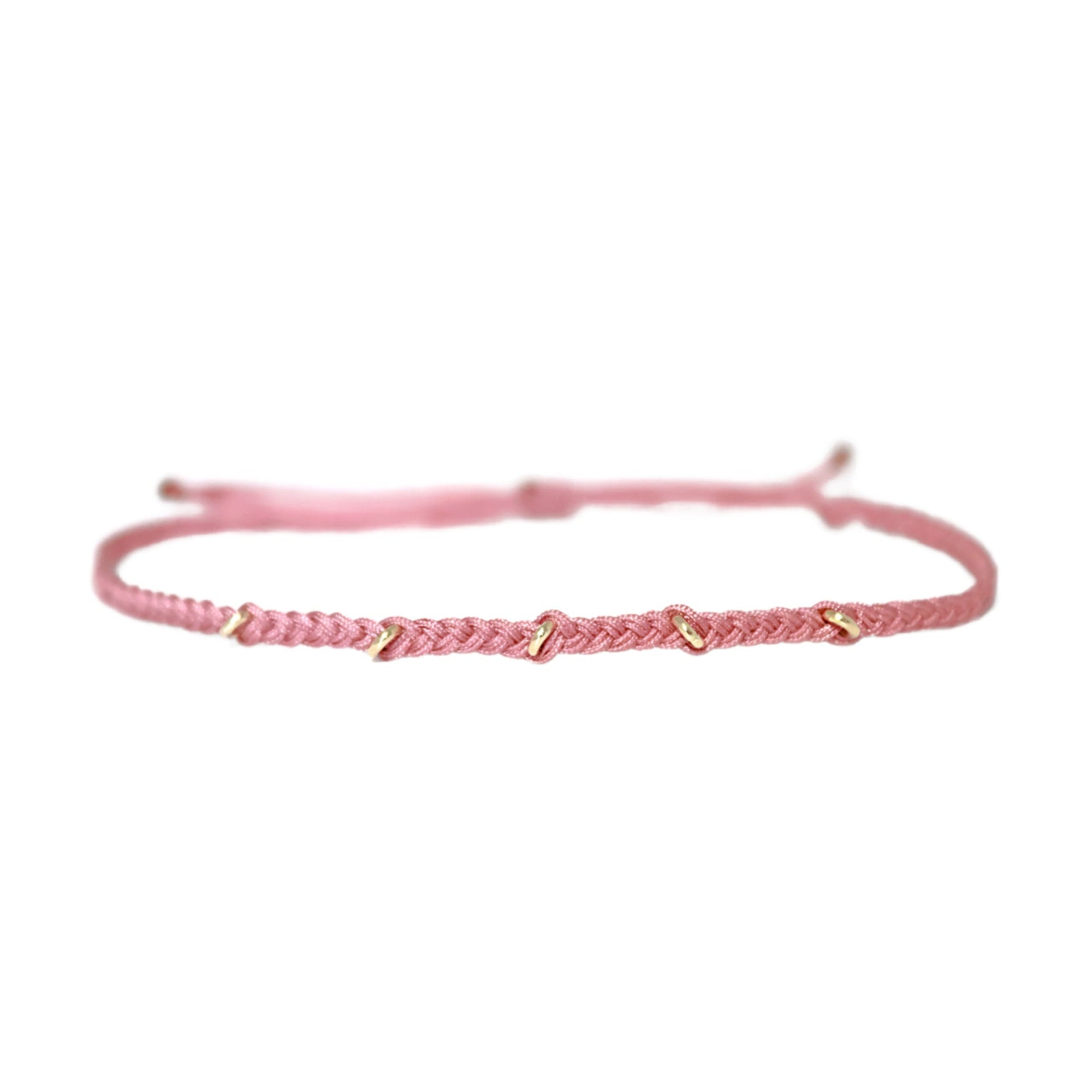 Yellow Gold 5 Ring Pink Macrame Bracelet