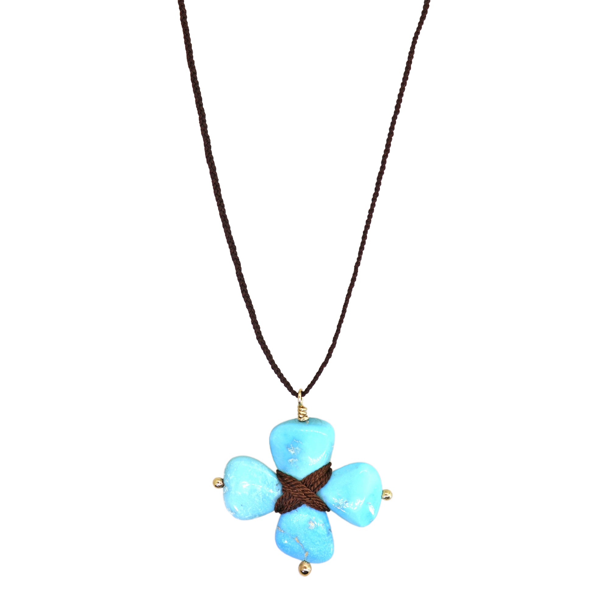 Turquoise Flower Wrapped Brown Crocheted Necklace