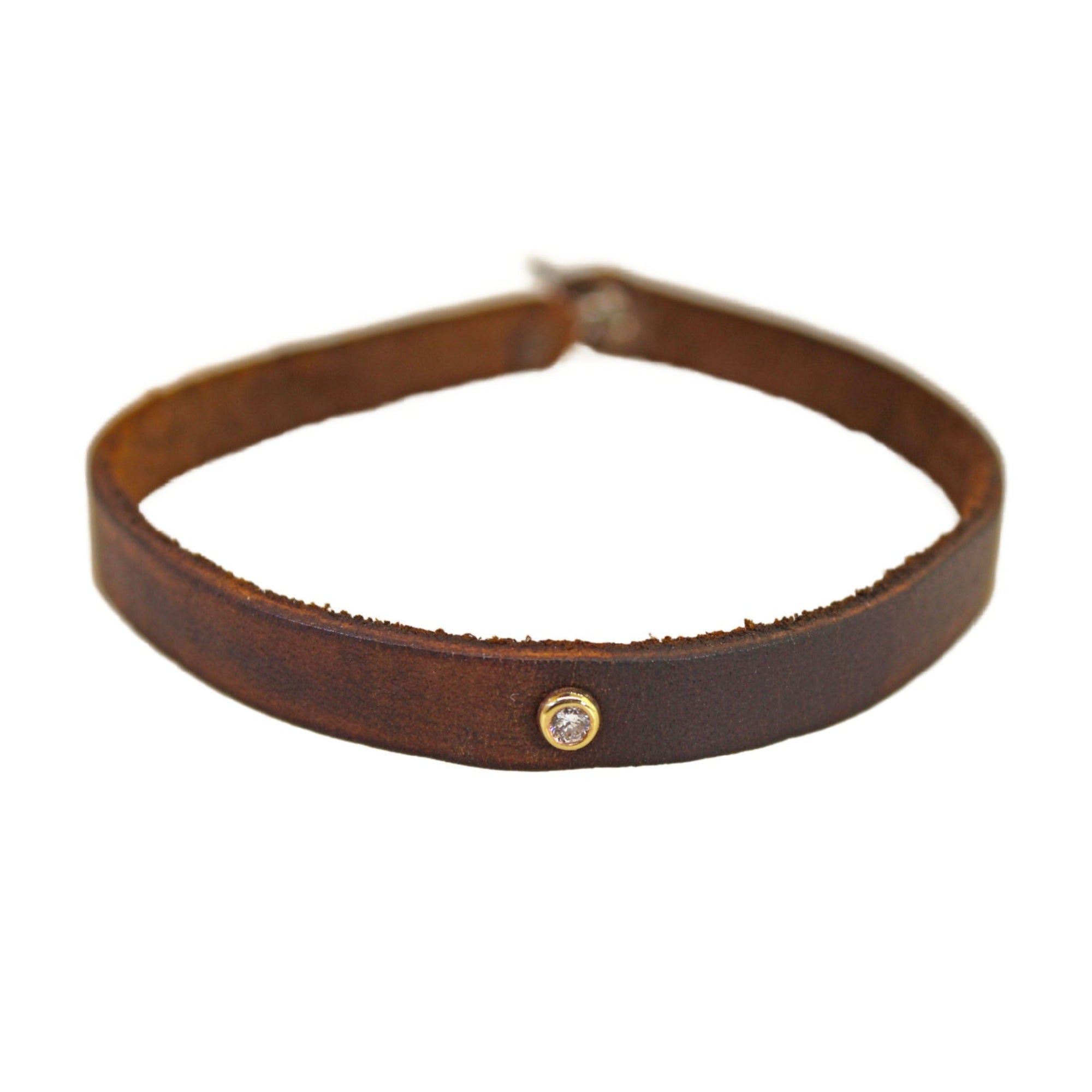 Bezel Set Diamond Brown Leather Bracelet