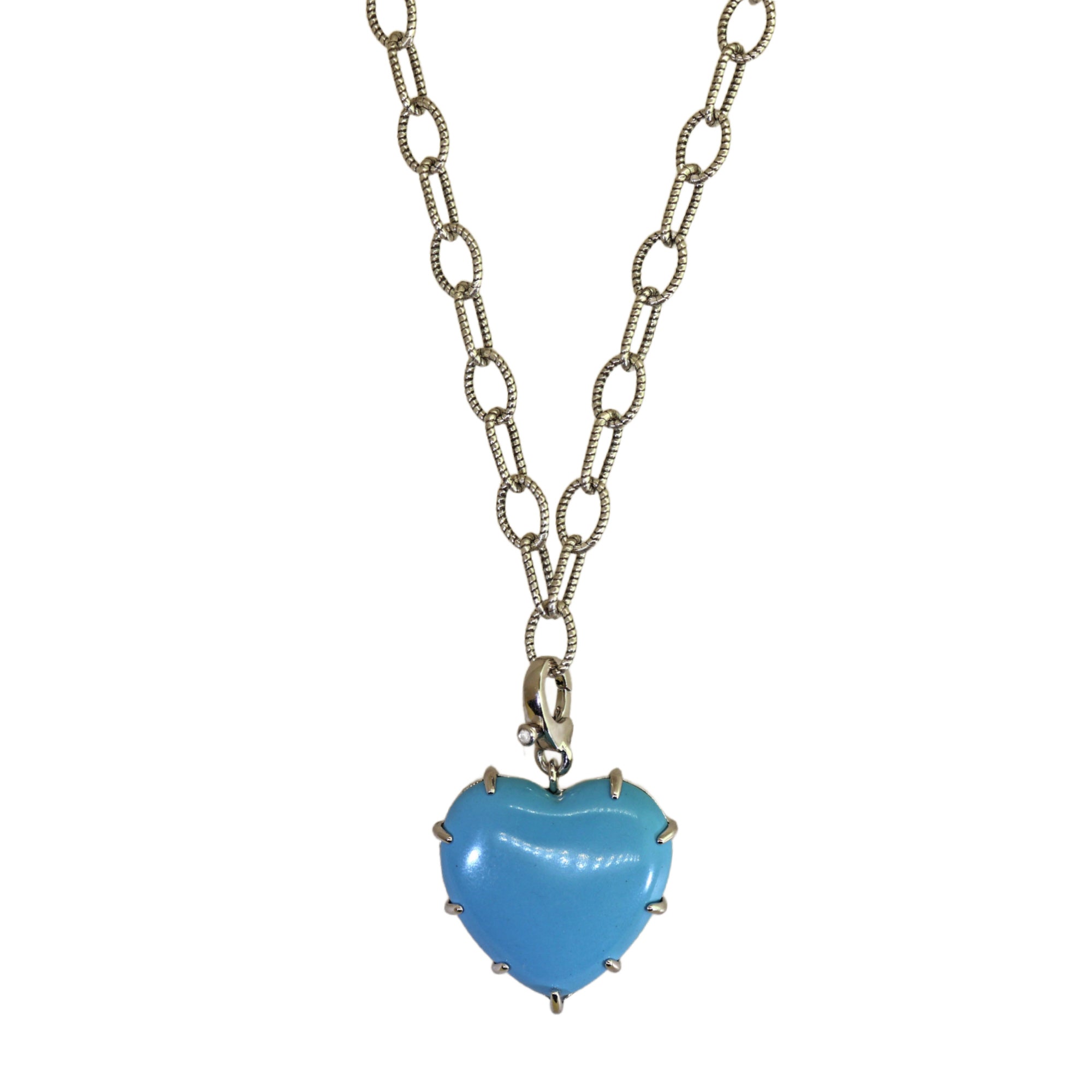 Silver PuffyTurquoise Heart Link Necklace