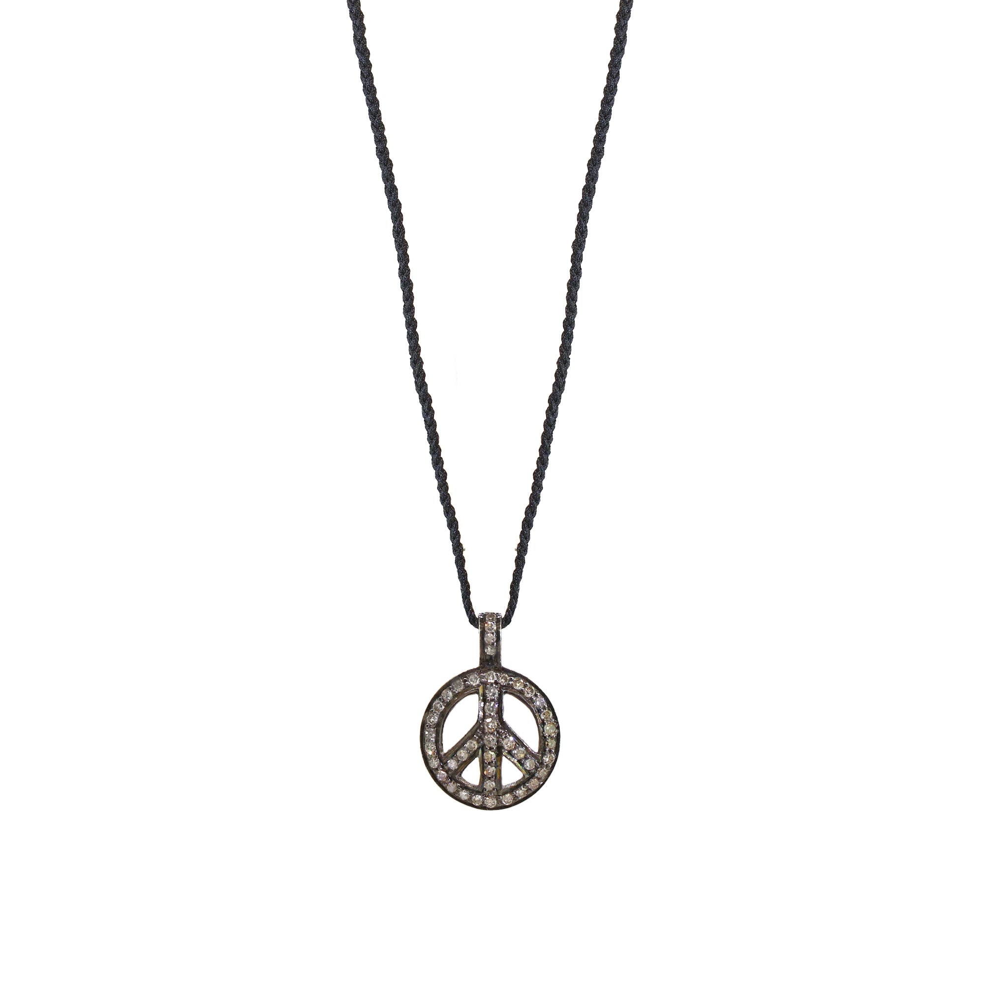 Diamond Peace Sign Black Macrame Necklace