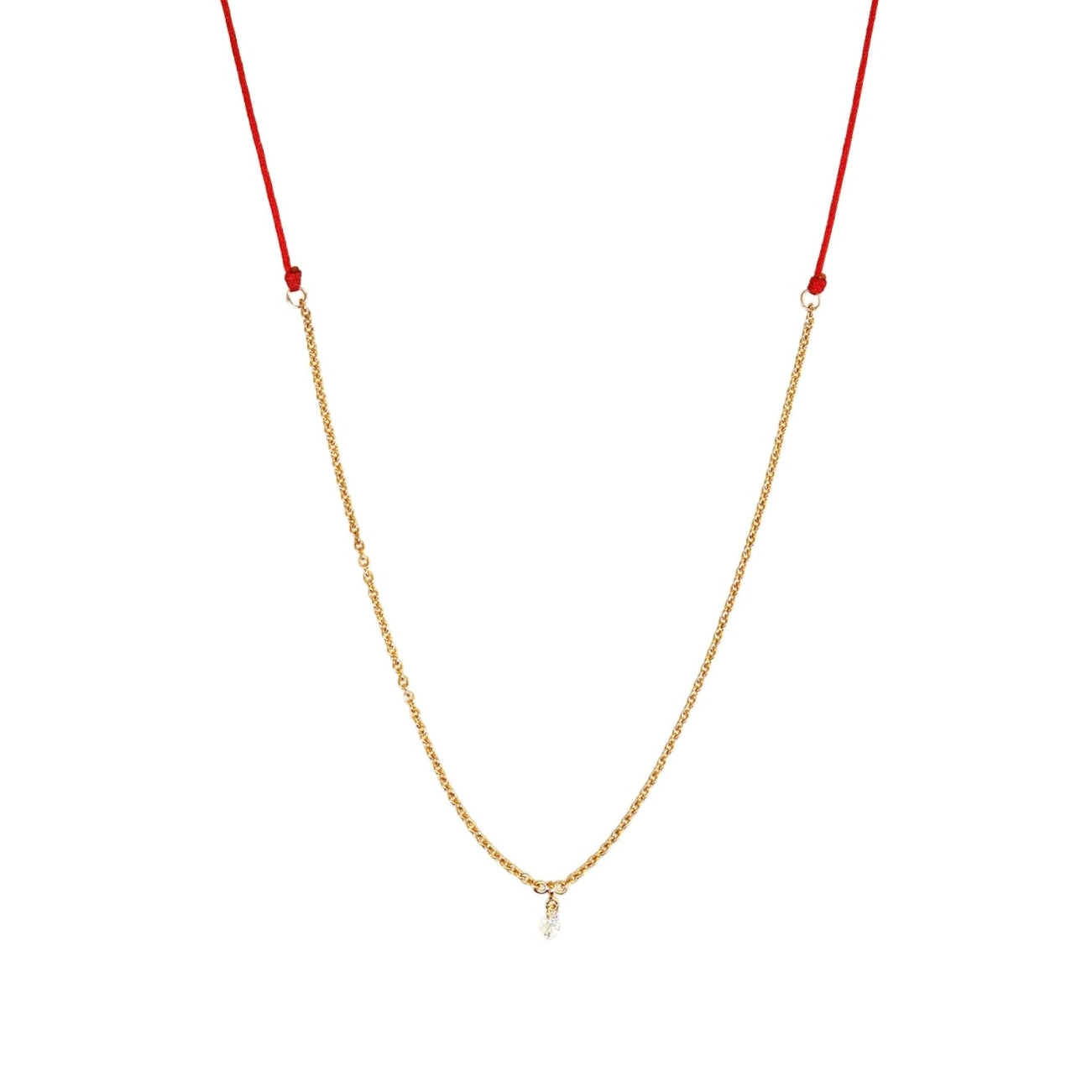 Single Drilled Diamond Red Silk & Rose Gold Necklace