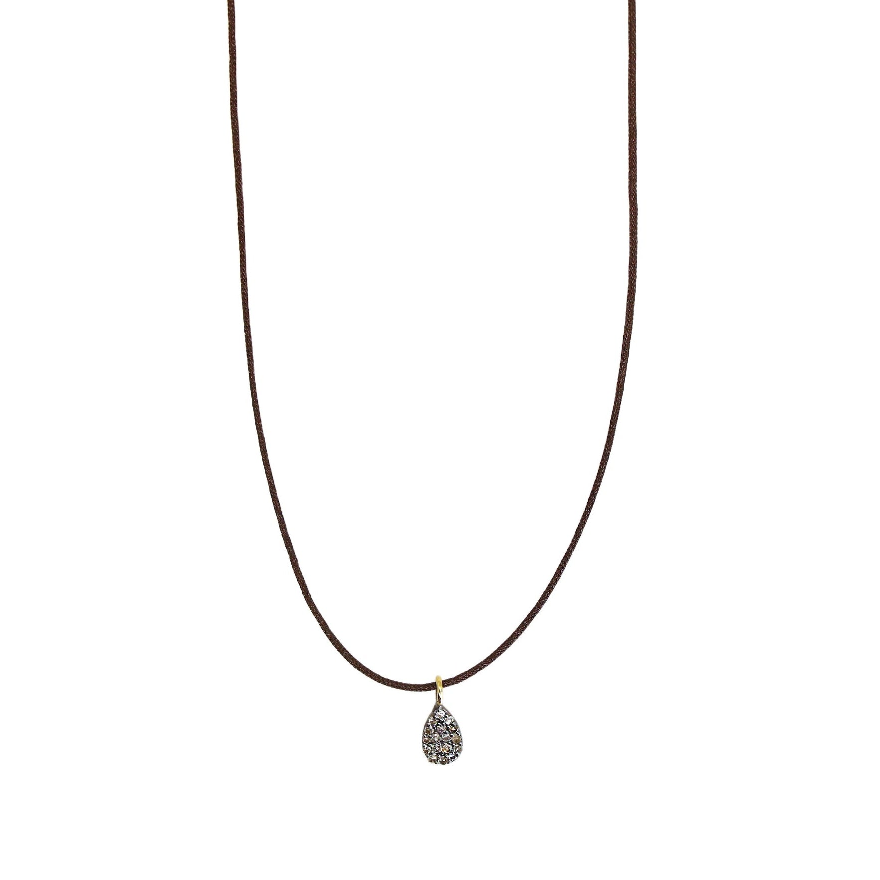 Brown Silk Silver Pave Diamond Pear Shaped Necklace