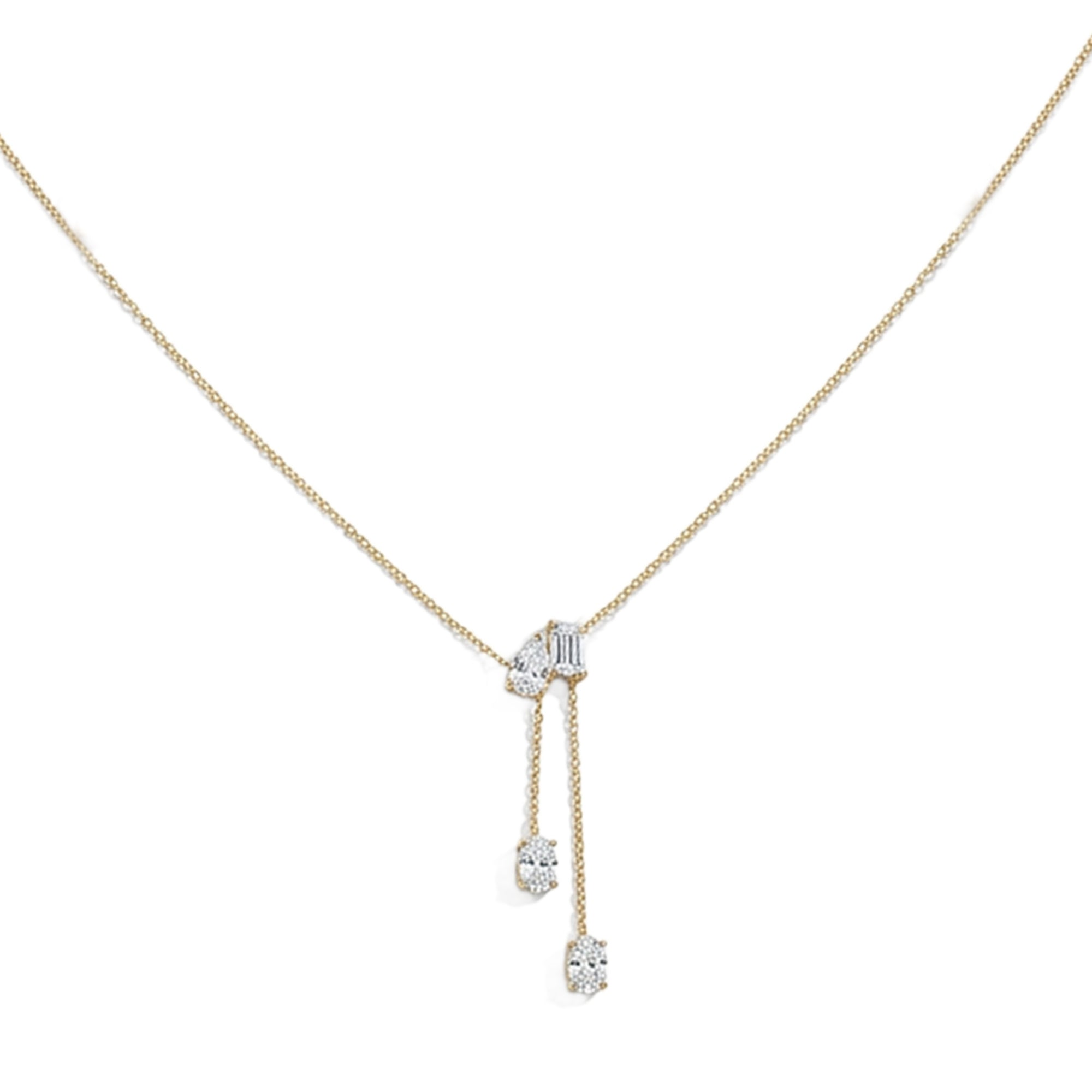 Yellow Gold 4 Mixed Diamond Dangle Necklace