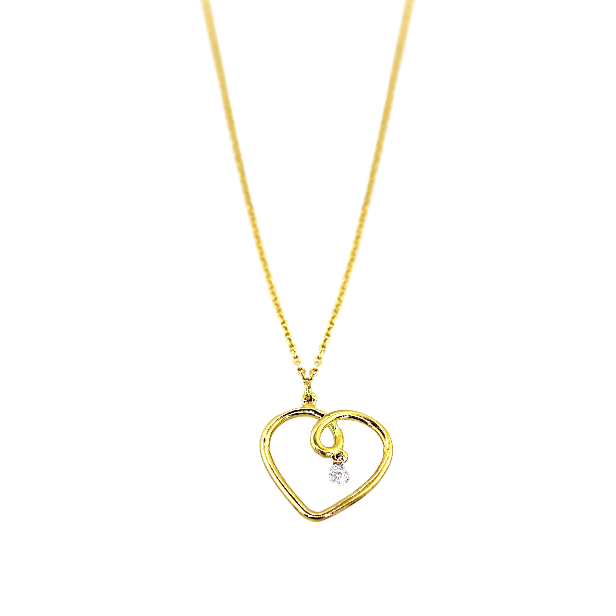 Yellow Gold Loop Drilled Diamond Dangle Heart Necklace