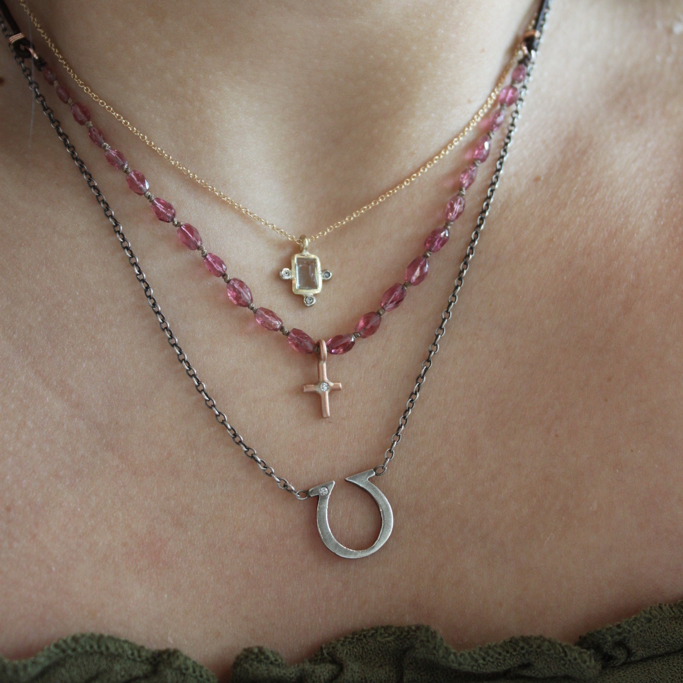 Bohemian Pink Tourmaline & Diamond Cross Necklace