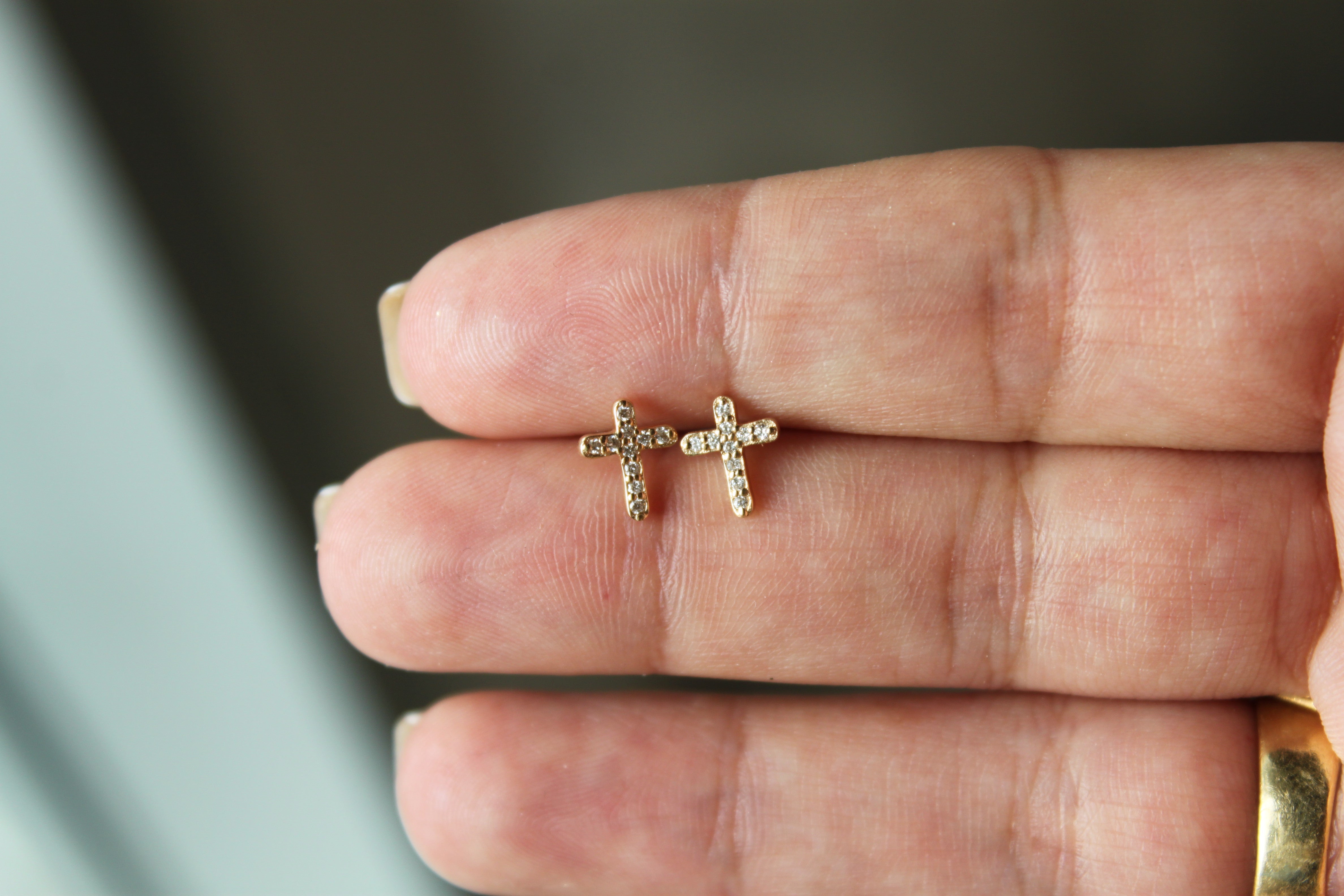 Gold Diamond Cross Stud Earrings