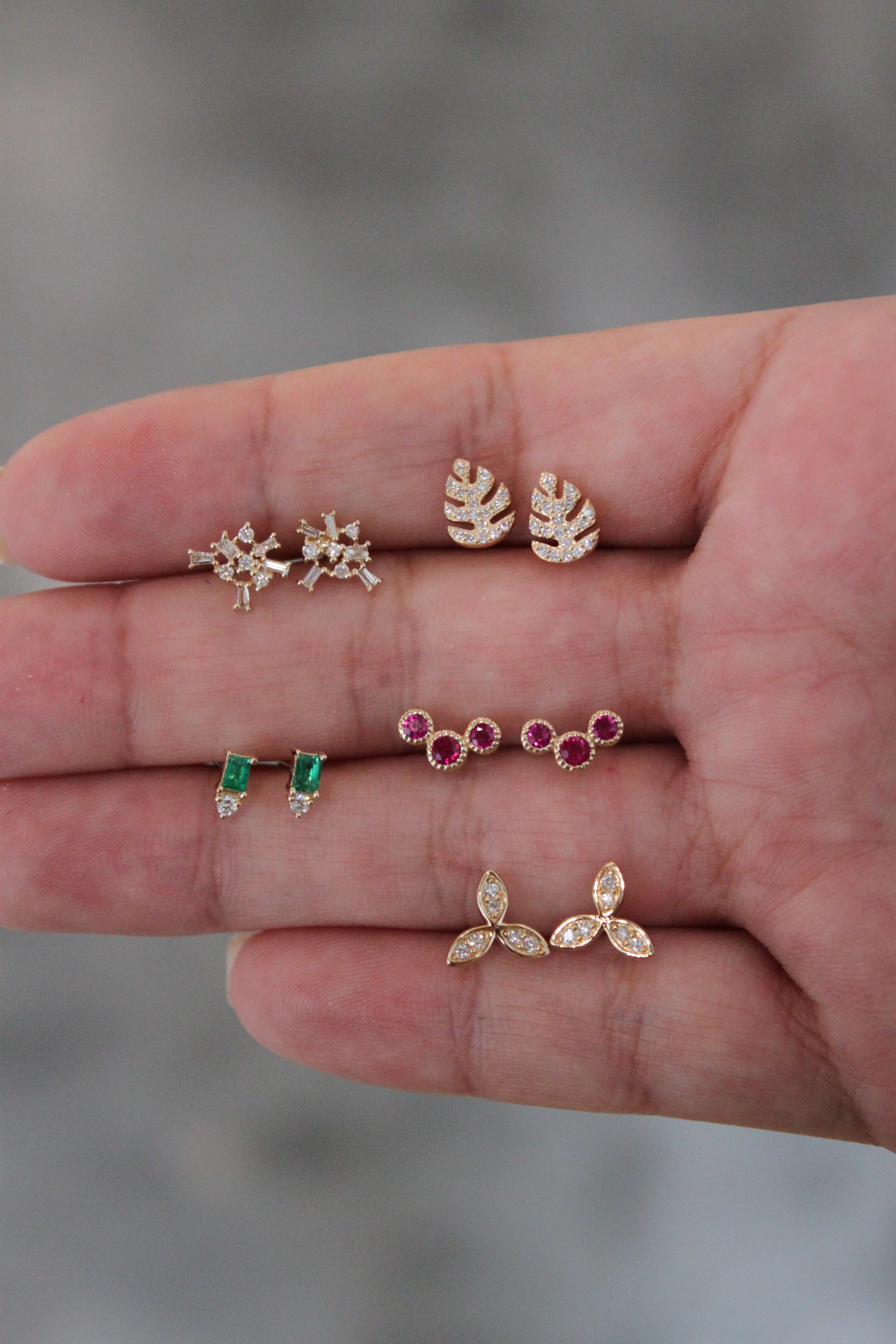 Curved Ruby Trio Stud Earrings