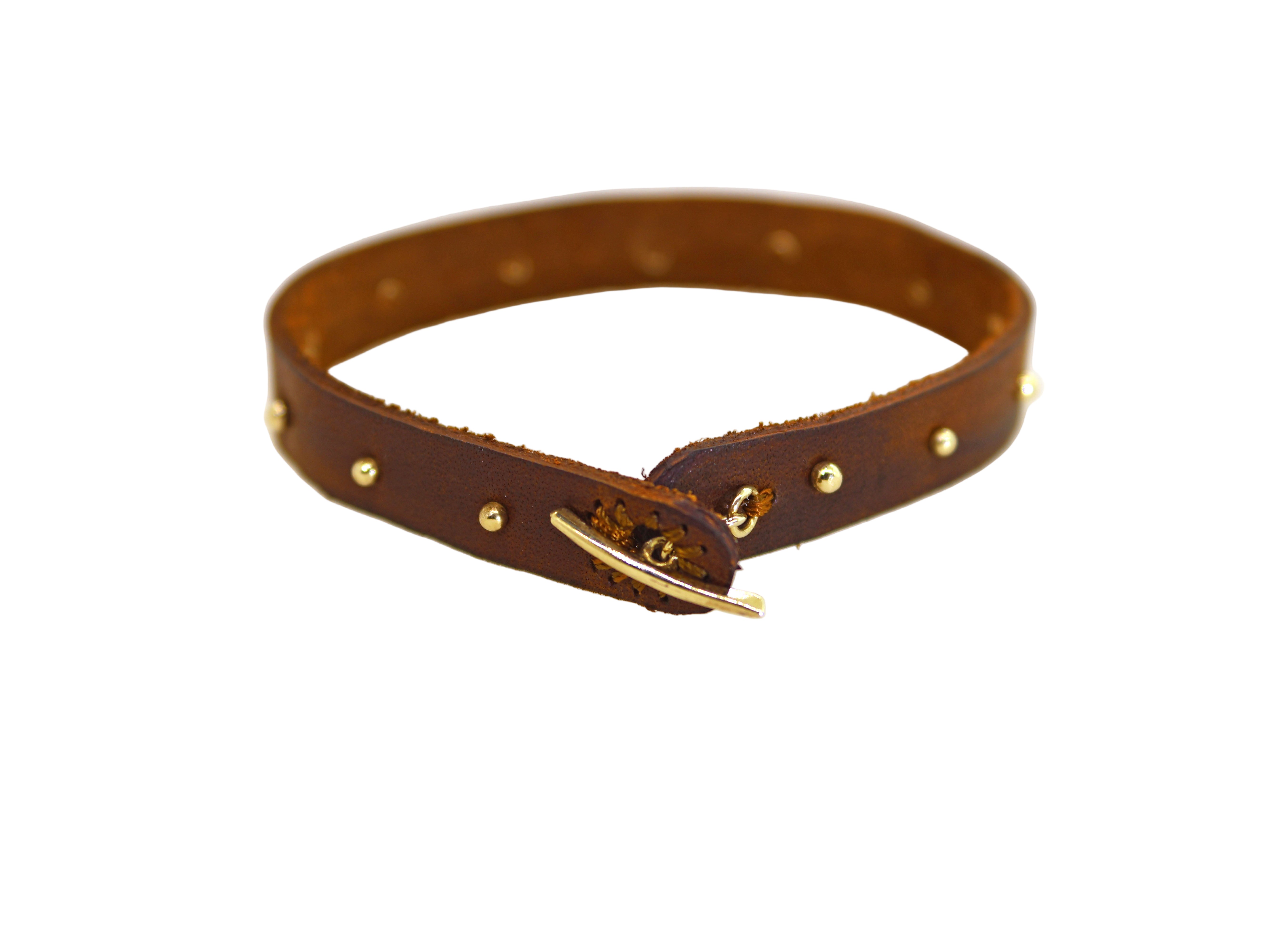 Yellow Gold Studded Brown Leather Bracelet