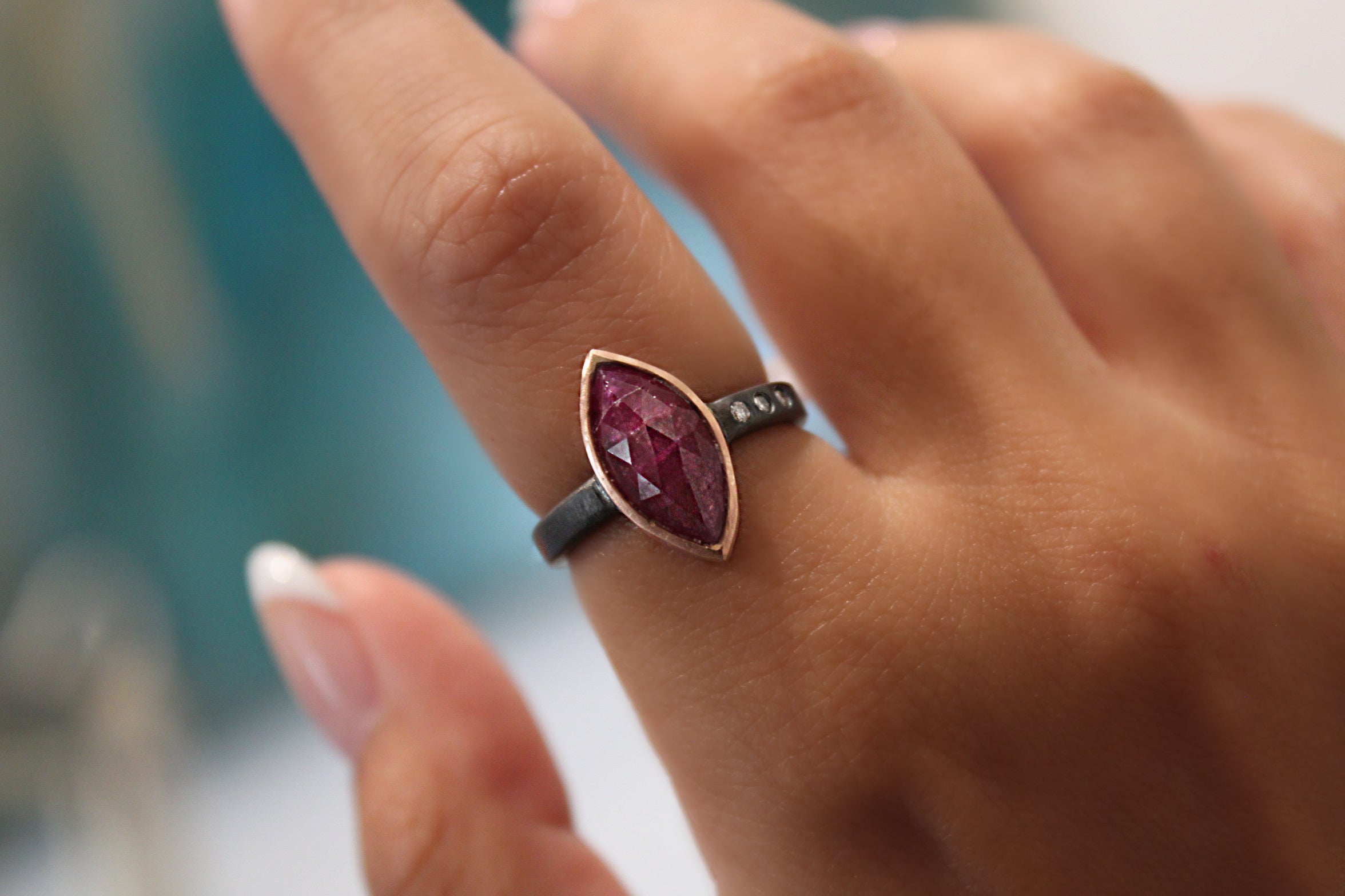 Marquise Ruby Bezel on Rhodium Plated Band