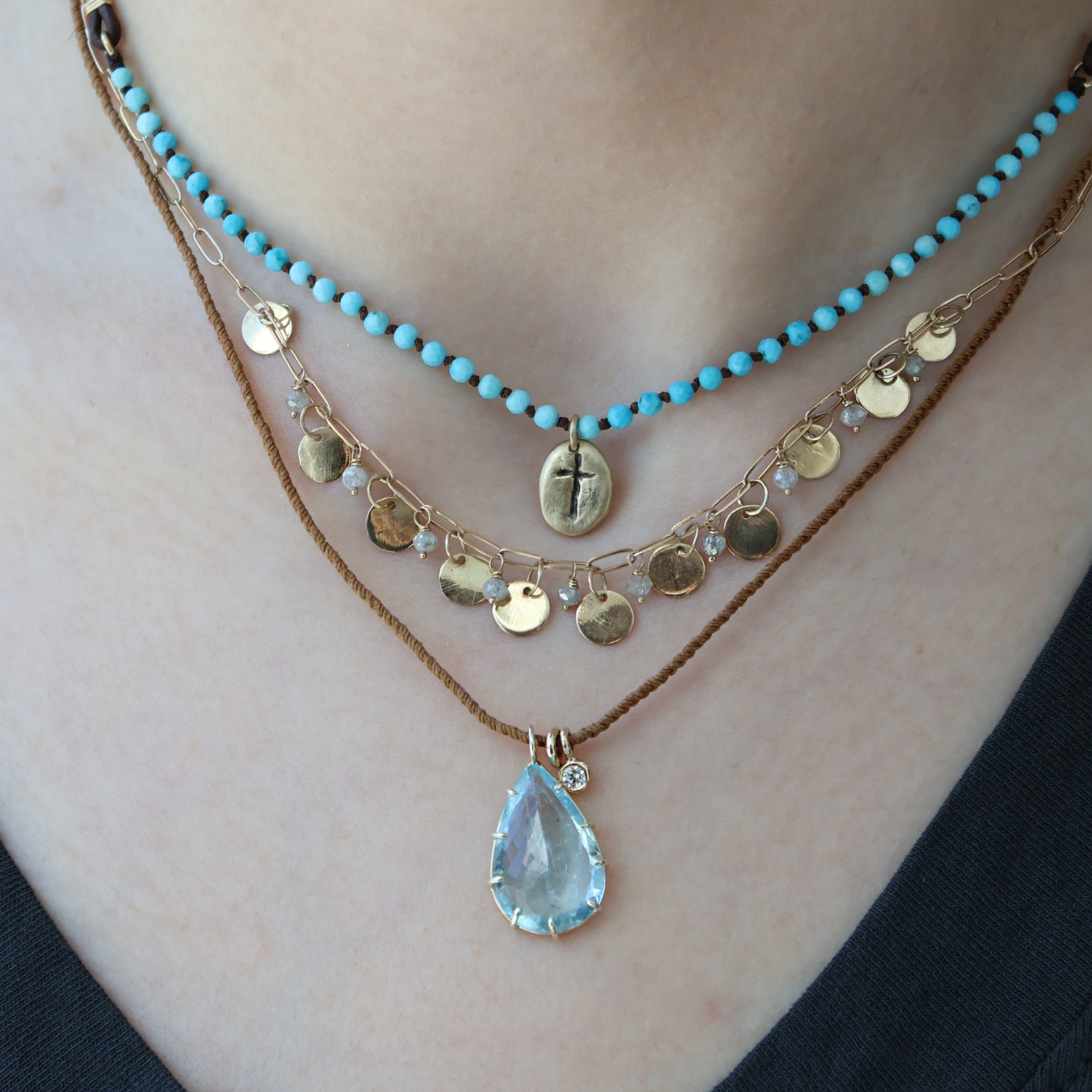 Prong Set Pear Shaped Aquamarine & Diamond Macrame Necklace