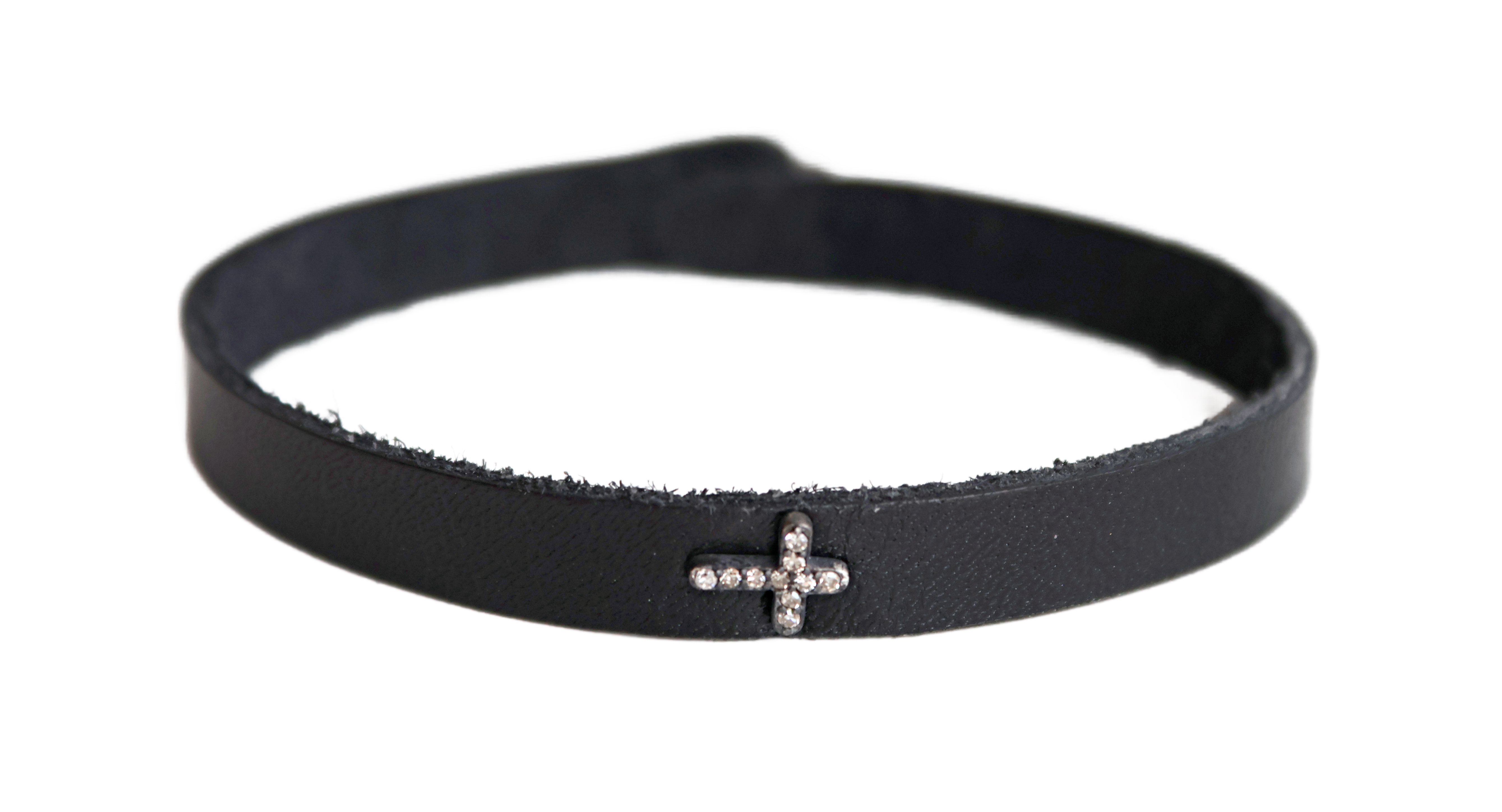 Sterling Silver Diamond Cross Black Leather Bracelet