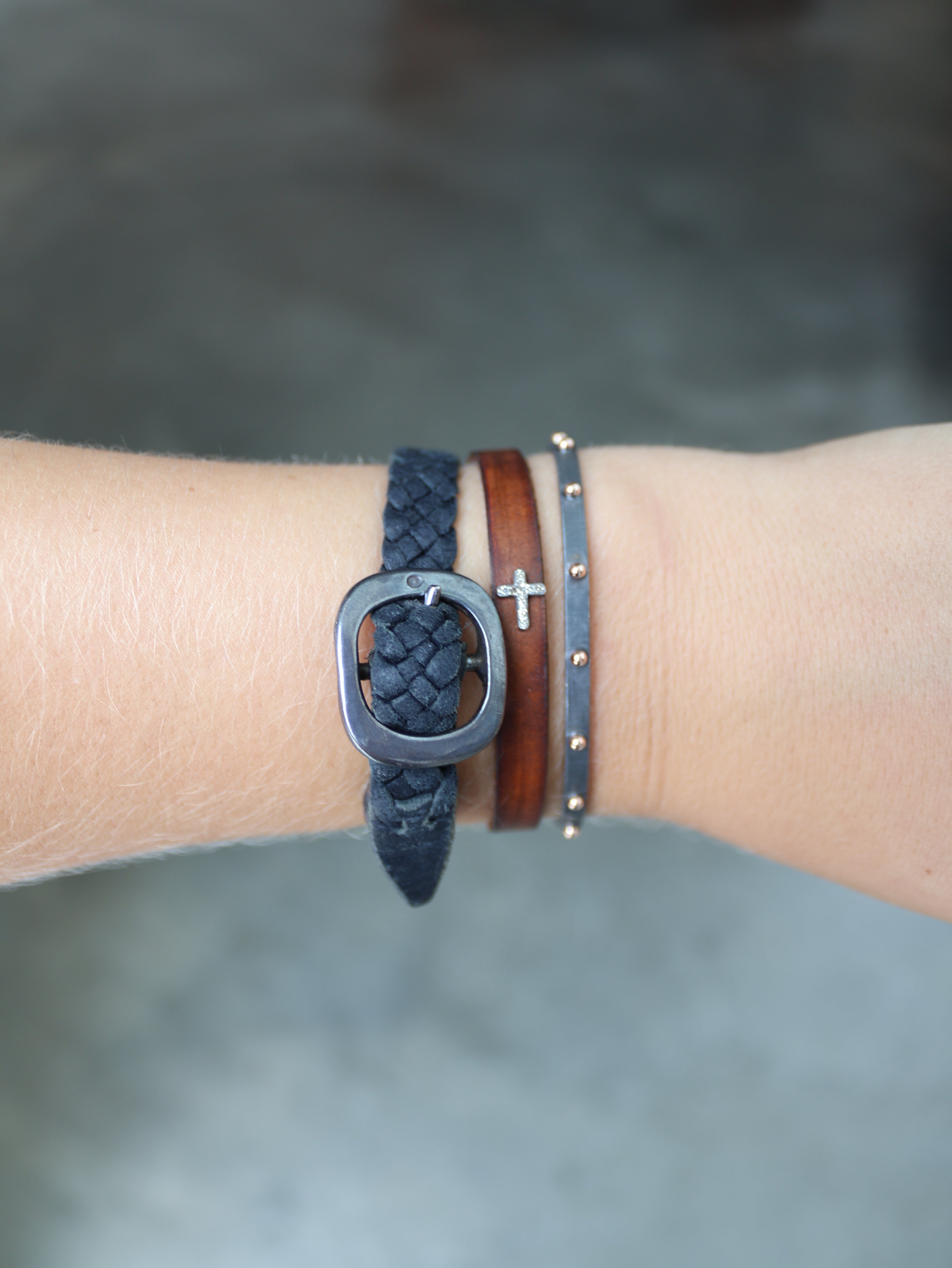 Black Leather Silver Buckle Closure Bracelet