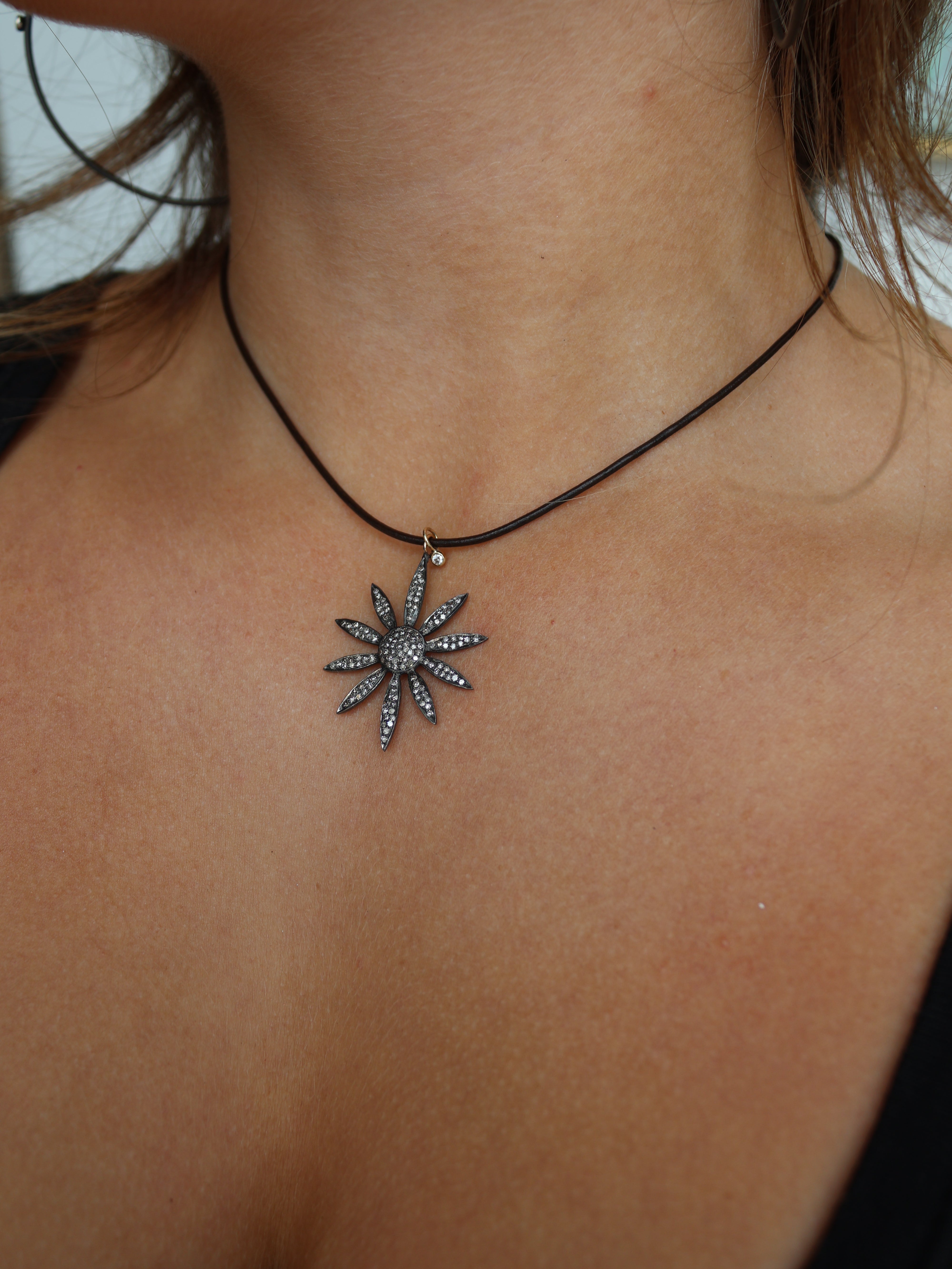 Pave Diamond Flower & Leather Necklace