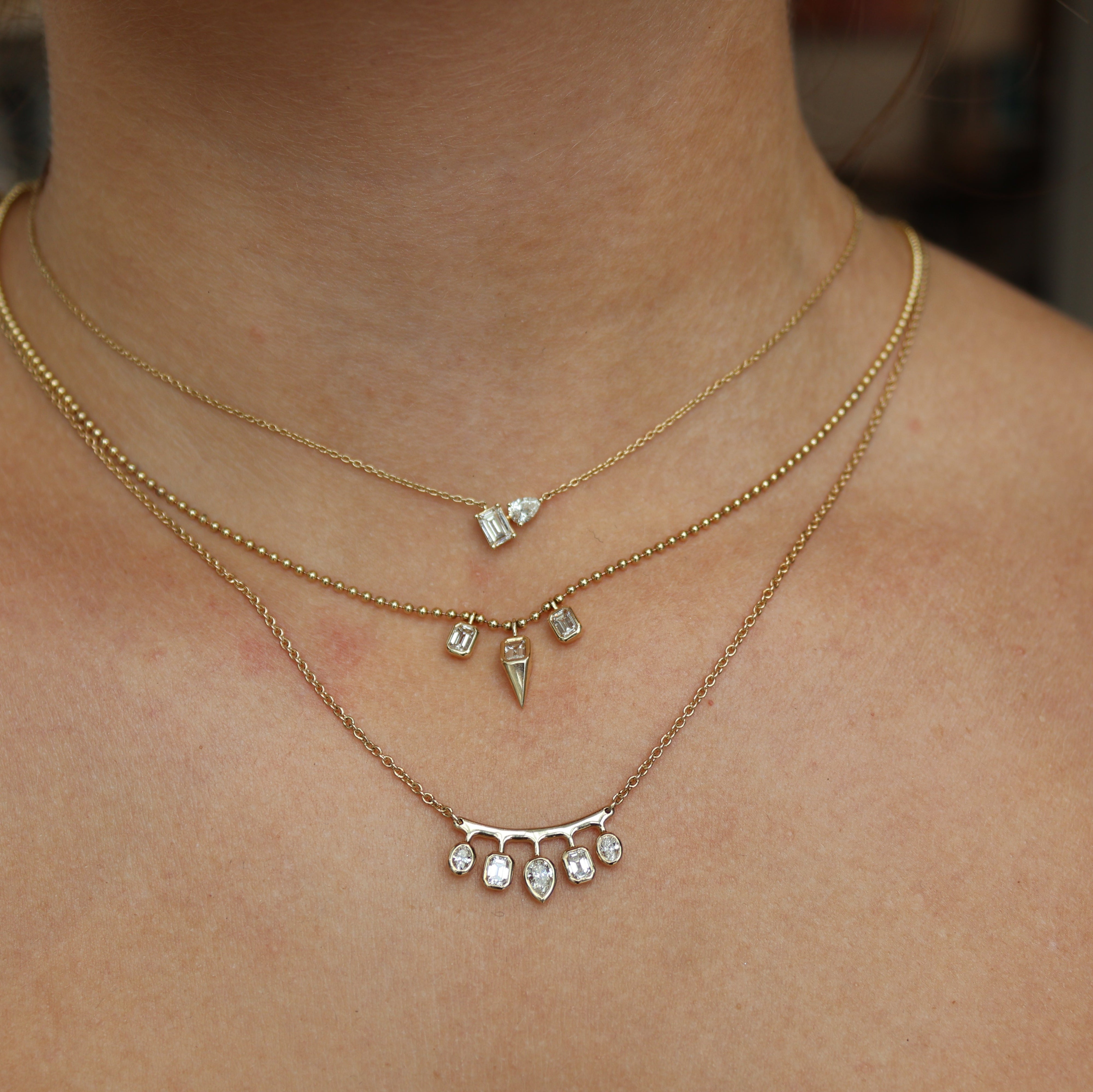 3 Diamond Charm Bead Chain Necklace