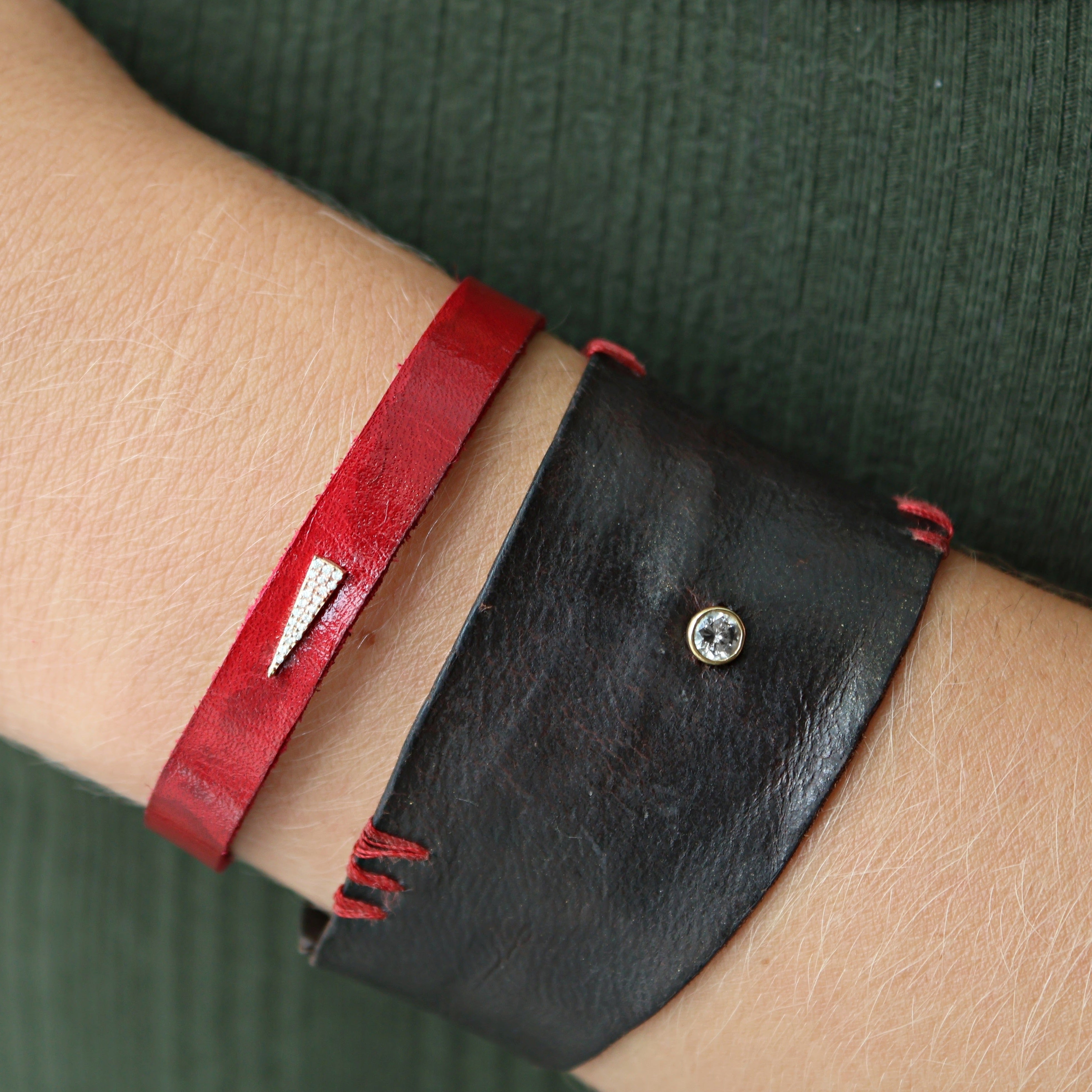 Red Leather Bracelet with Pave Diamond Pendant