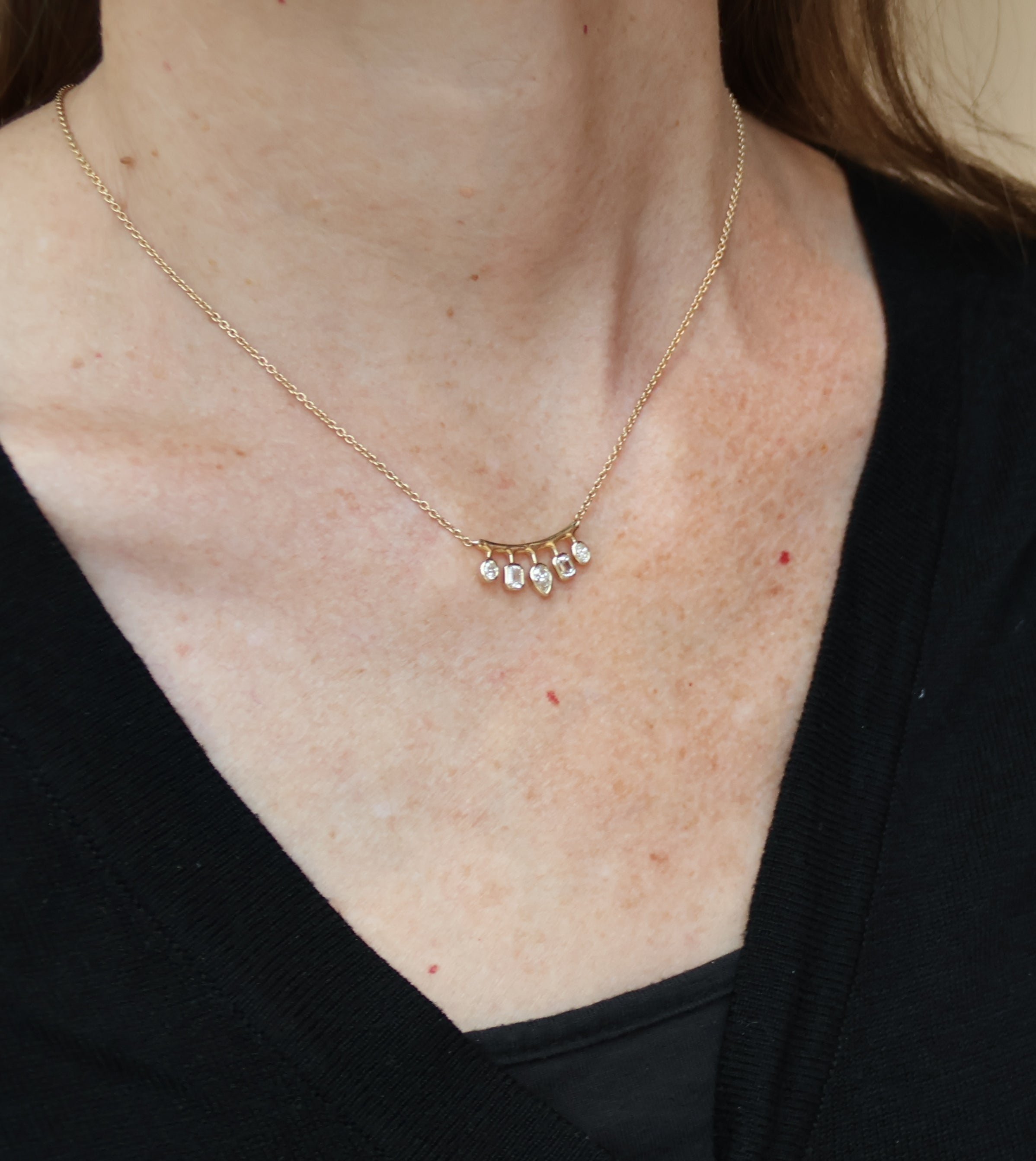 Gold Mixed diamond dangle bar necklace