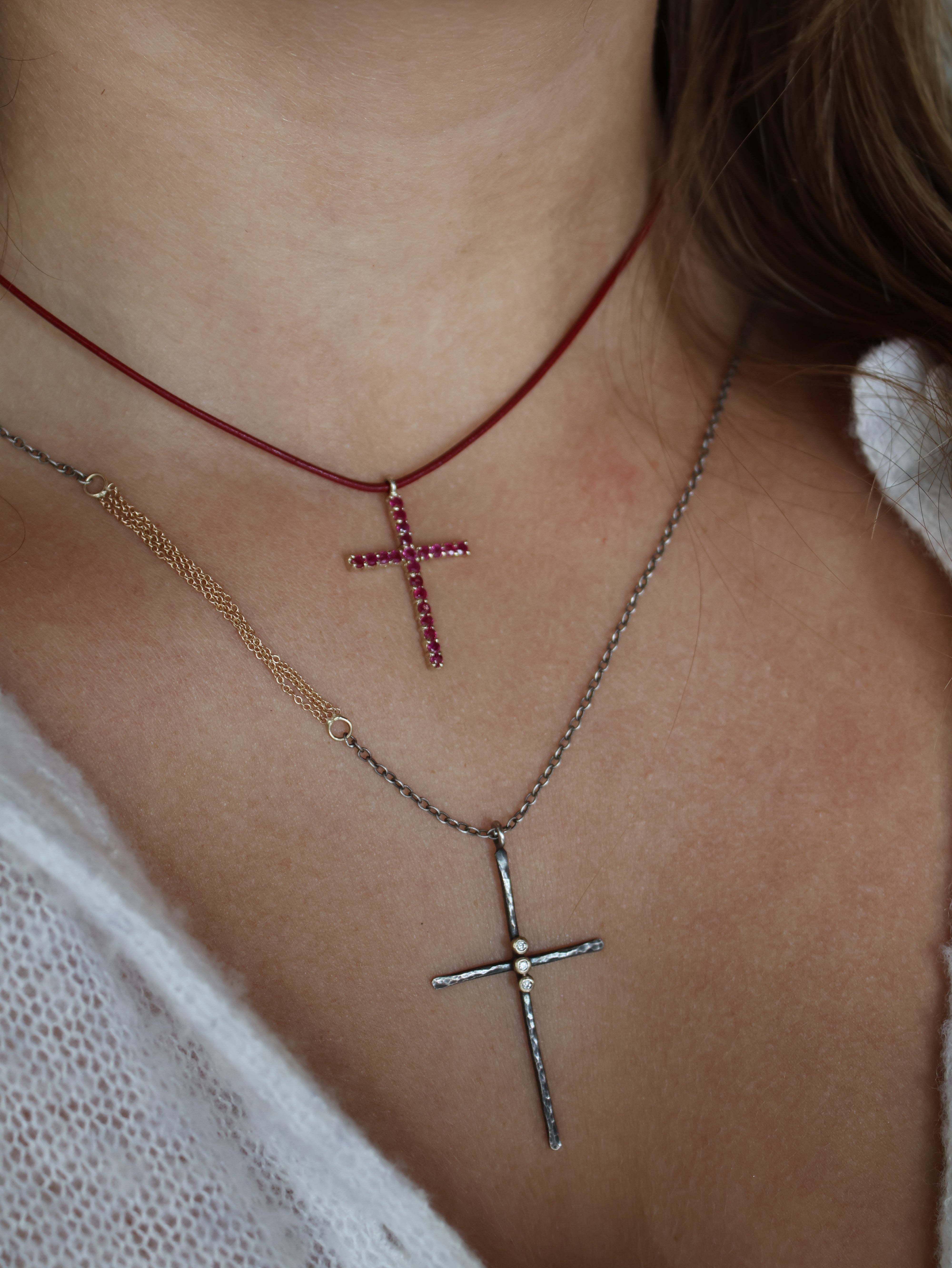 Red Leather Ruby Cross Necklace