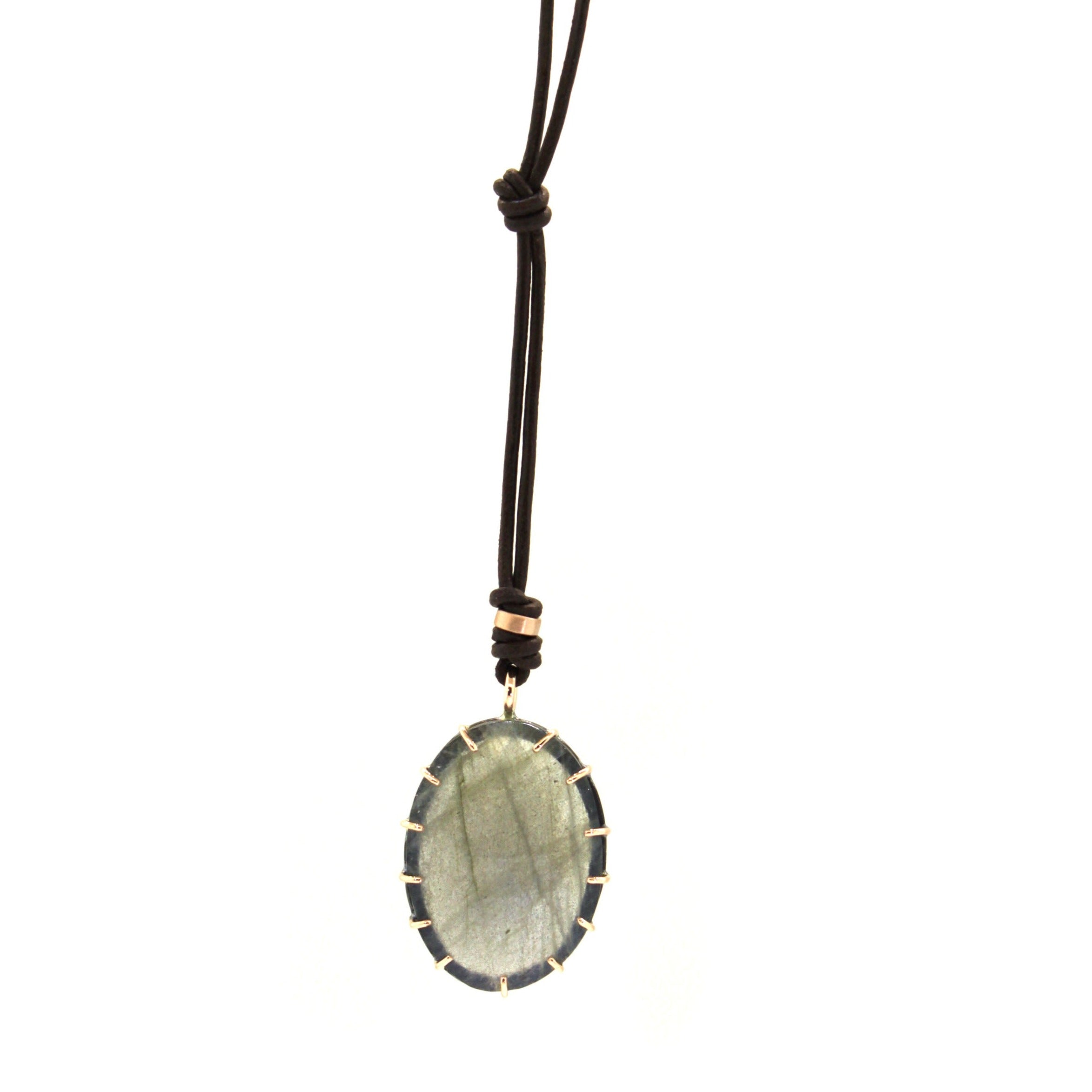 Prong Set Labradorite Long Leather Necklace