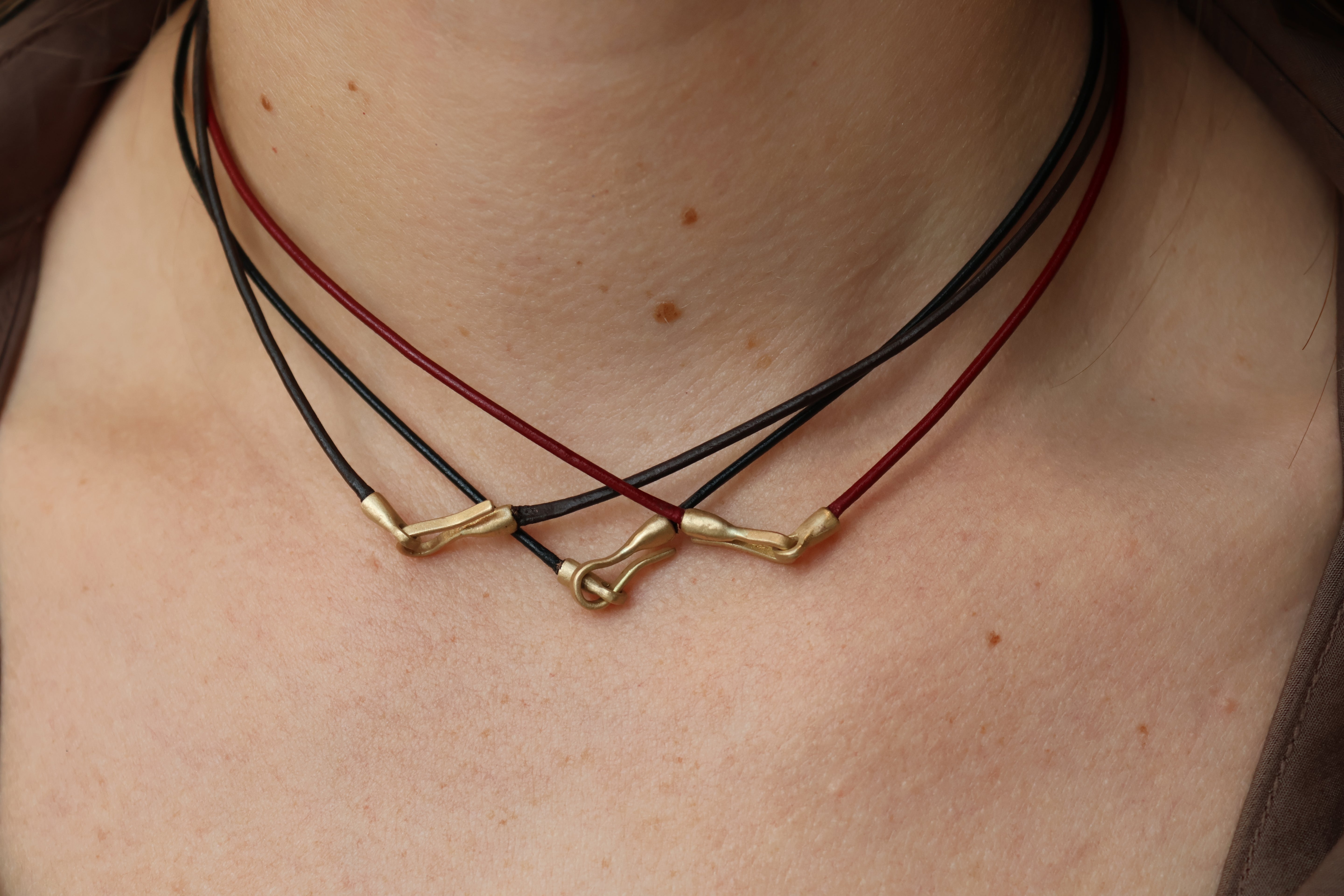 Brown Leather Necklace With Gold Hook and Eye