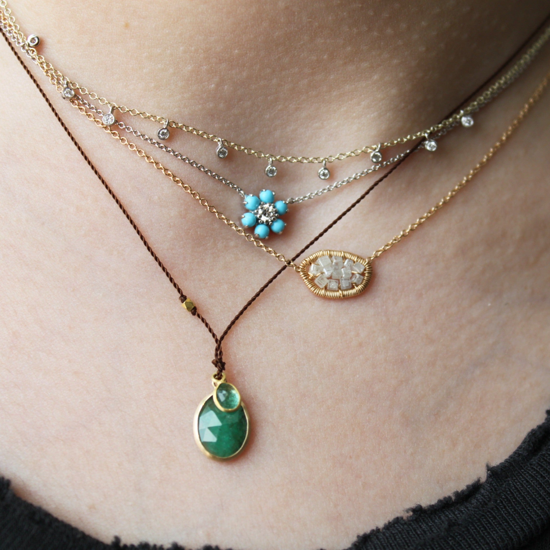 Gold Turquoise & Diamond Flower Necklace