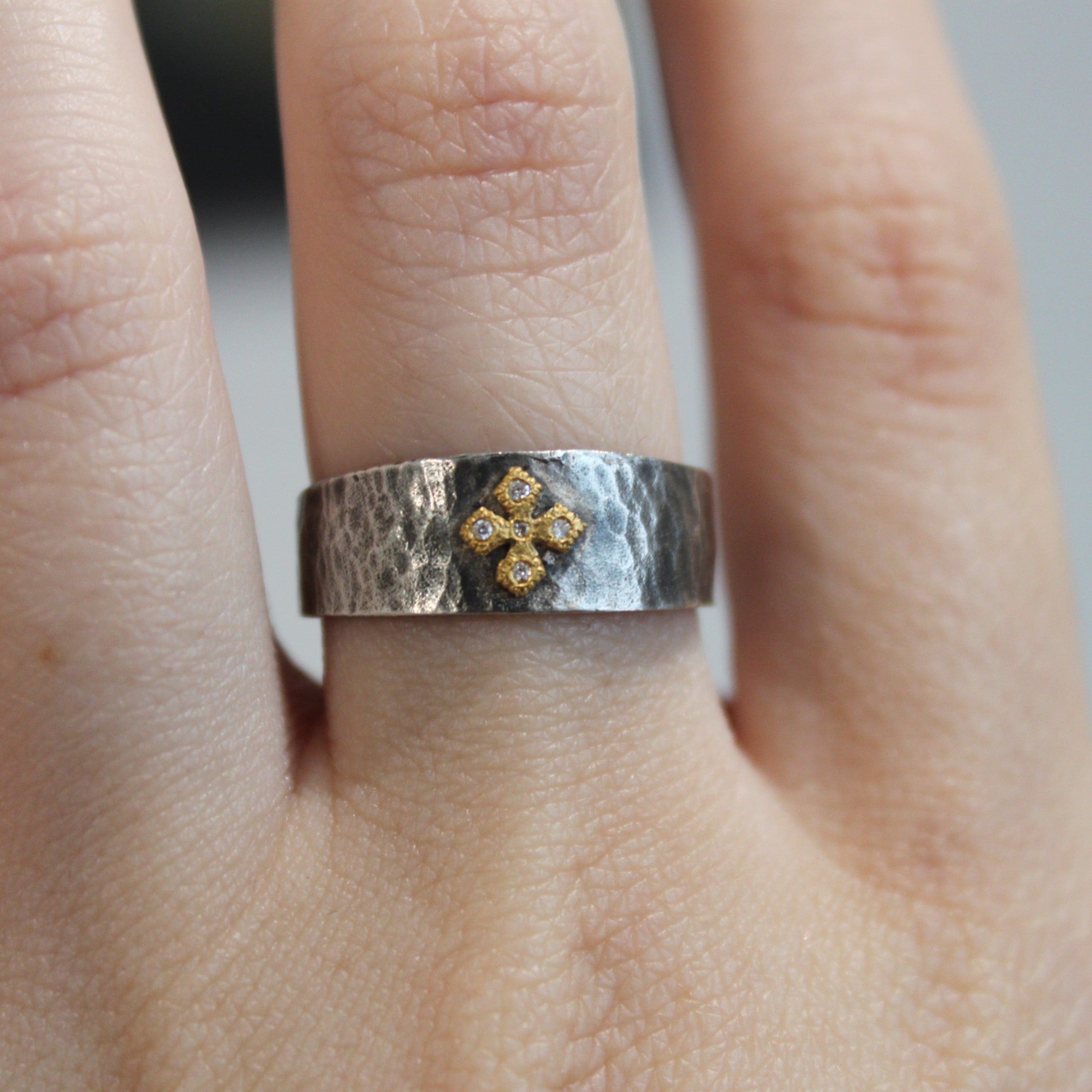 Thick Textured Ring & Diamond Cross