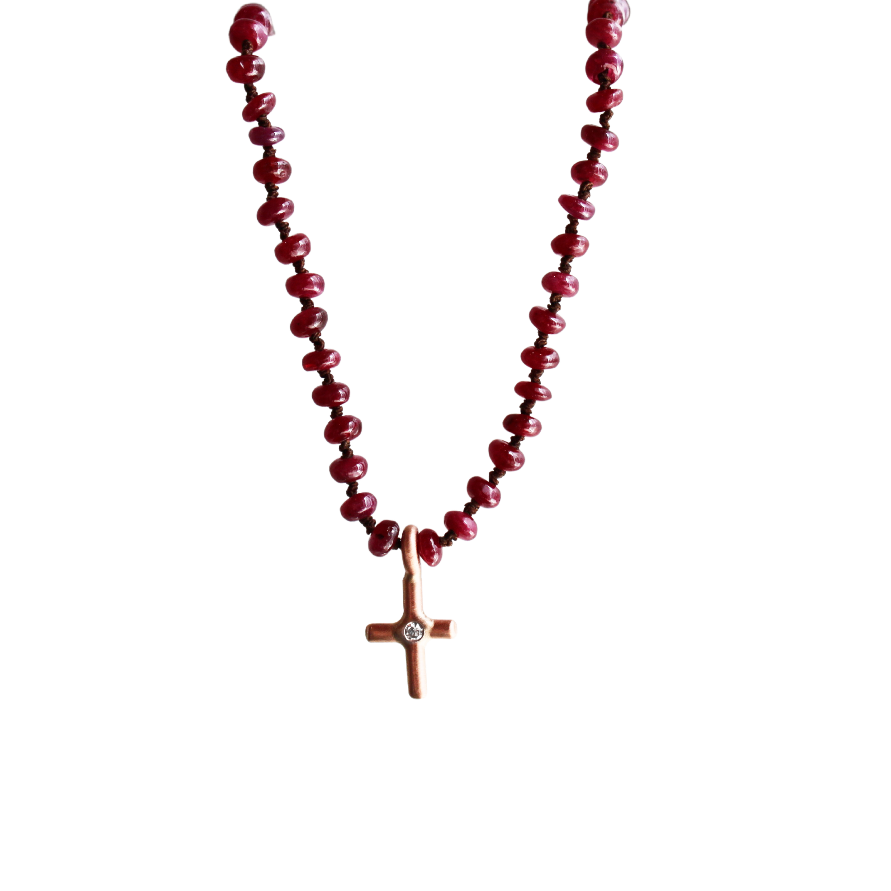 Ruby Beaded Necklace with Rose Gold and Diamond Cross Pendant