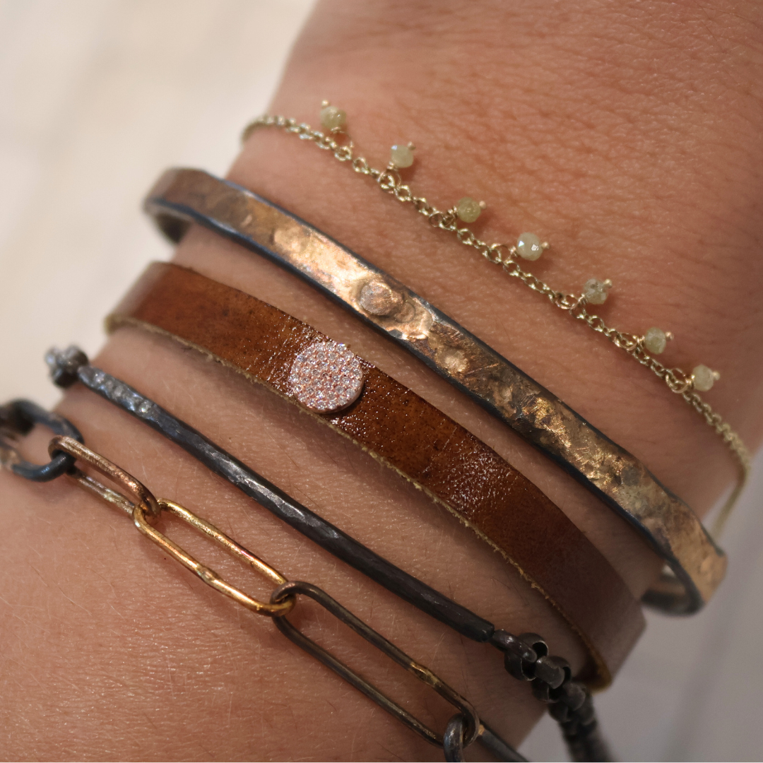 Yellow Gold Pave Diamond Disk Brown Leather Bracelet