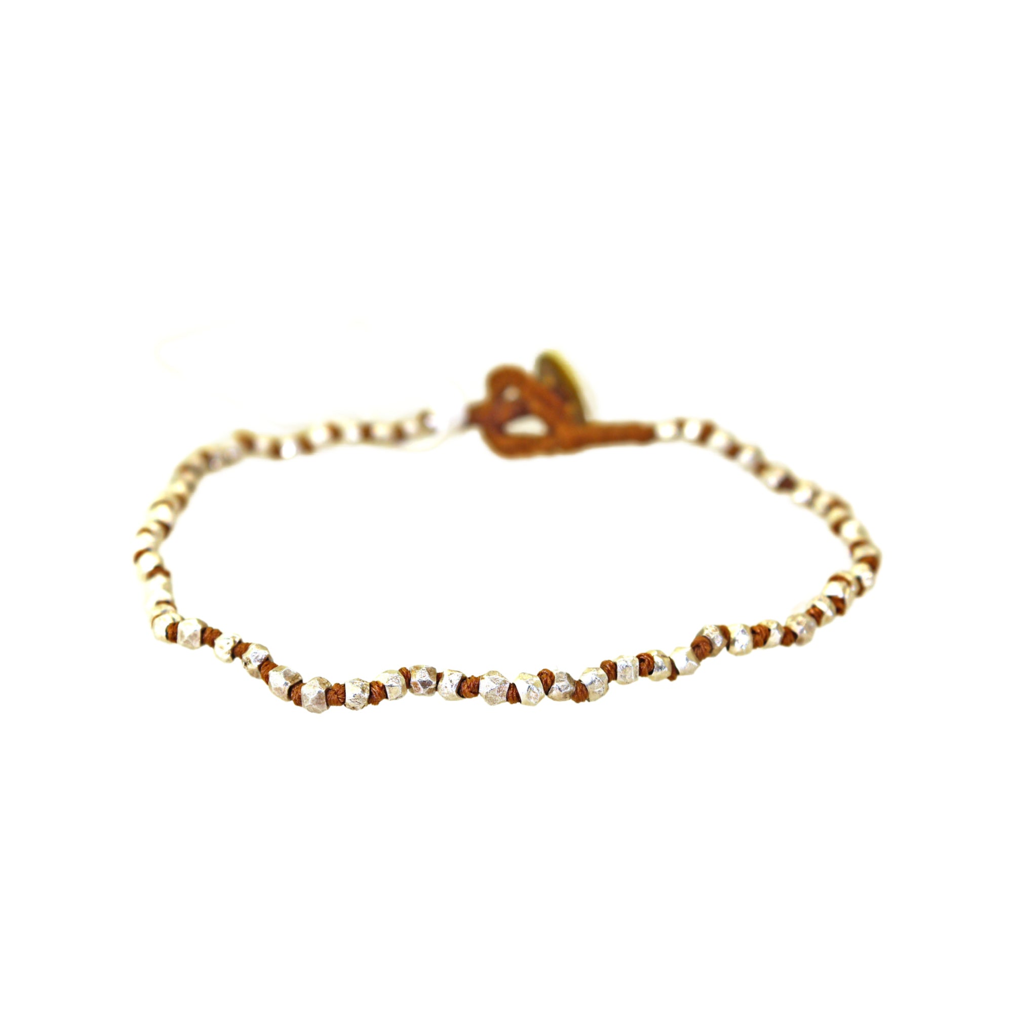 Silver Nugget Brown Silk Button Closure Bracelet