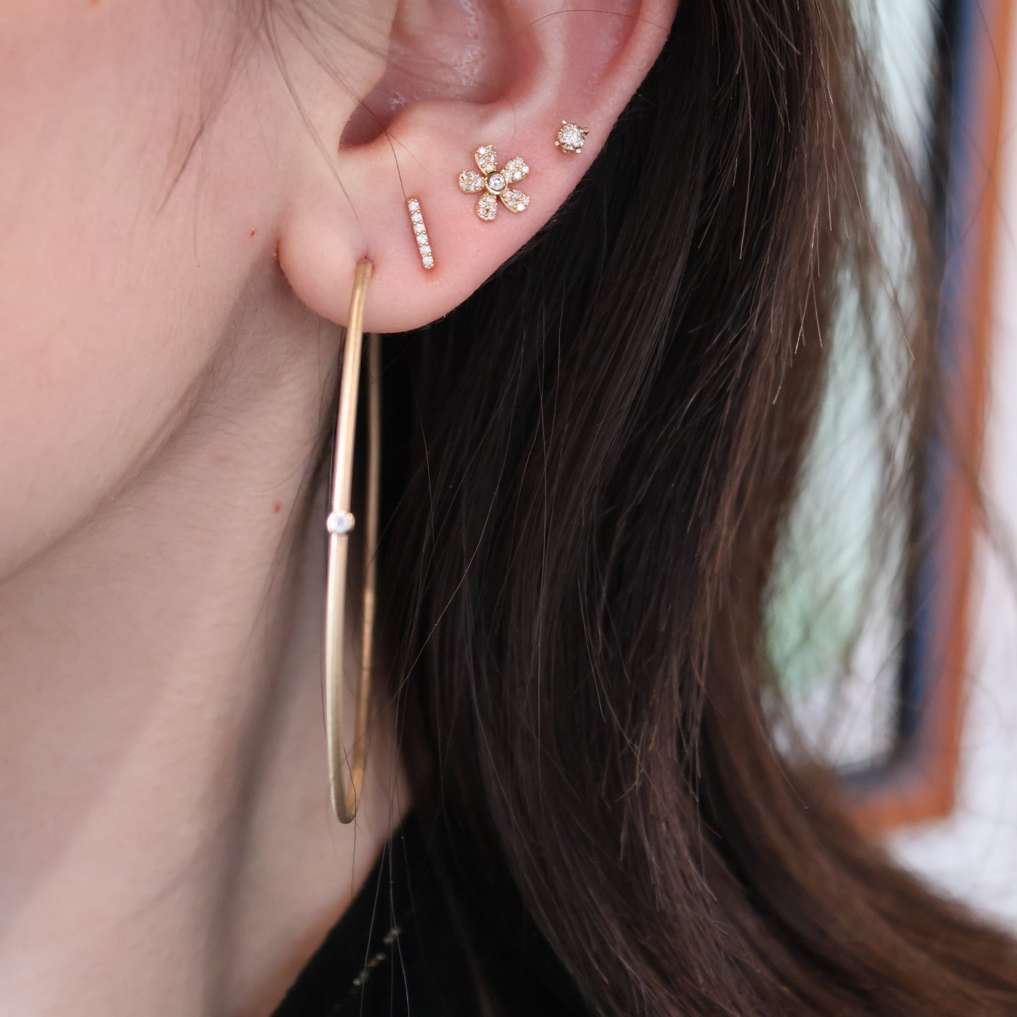 Mini Pave Diamond Yellow Gold Bar Studs