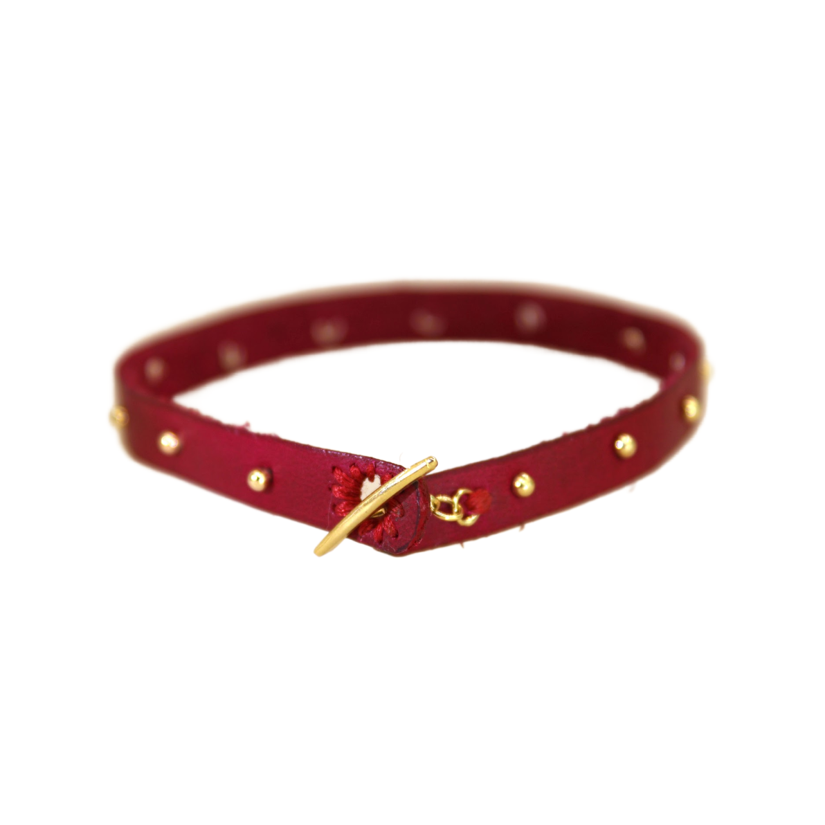 Red Leather Yellow Gold Studded Bracelet