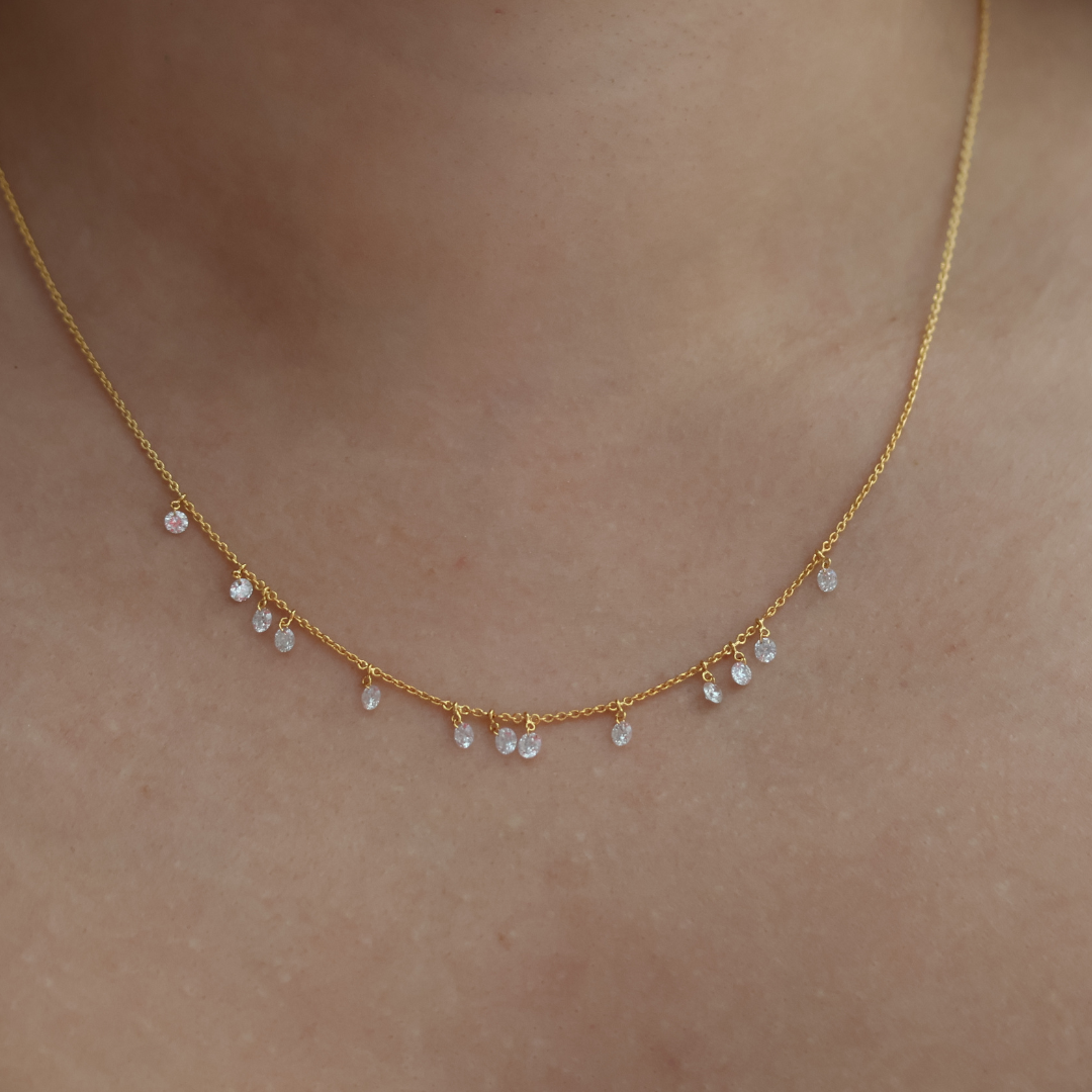 Yellow Gold Drilled Round Diamond Dangle Necklace