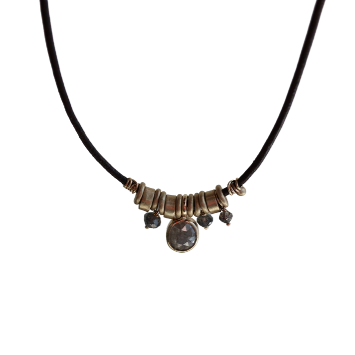 Raw Diamond Necklace on Brown Leather