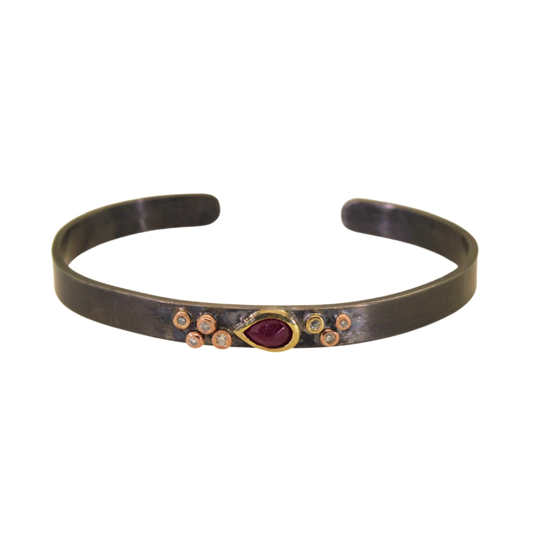 Pear Shaped Ruby & Bezel Set Diamond Cuff Bracelet