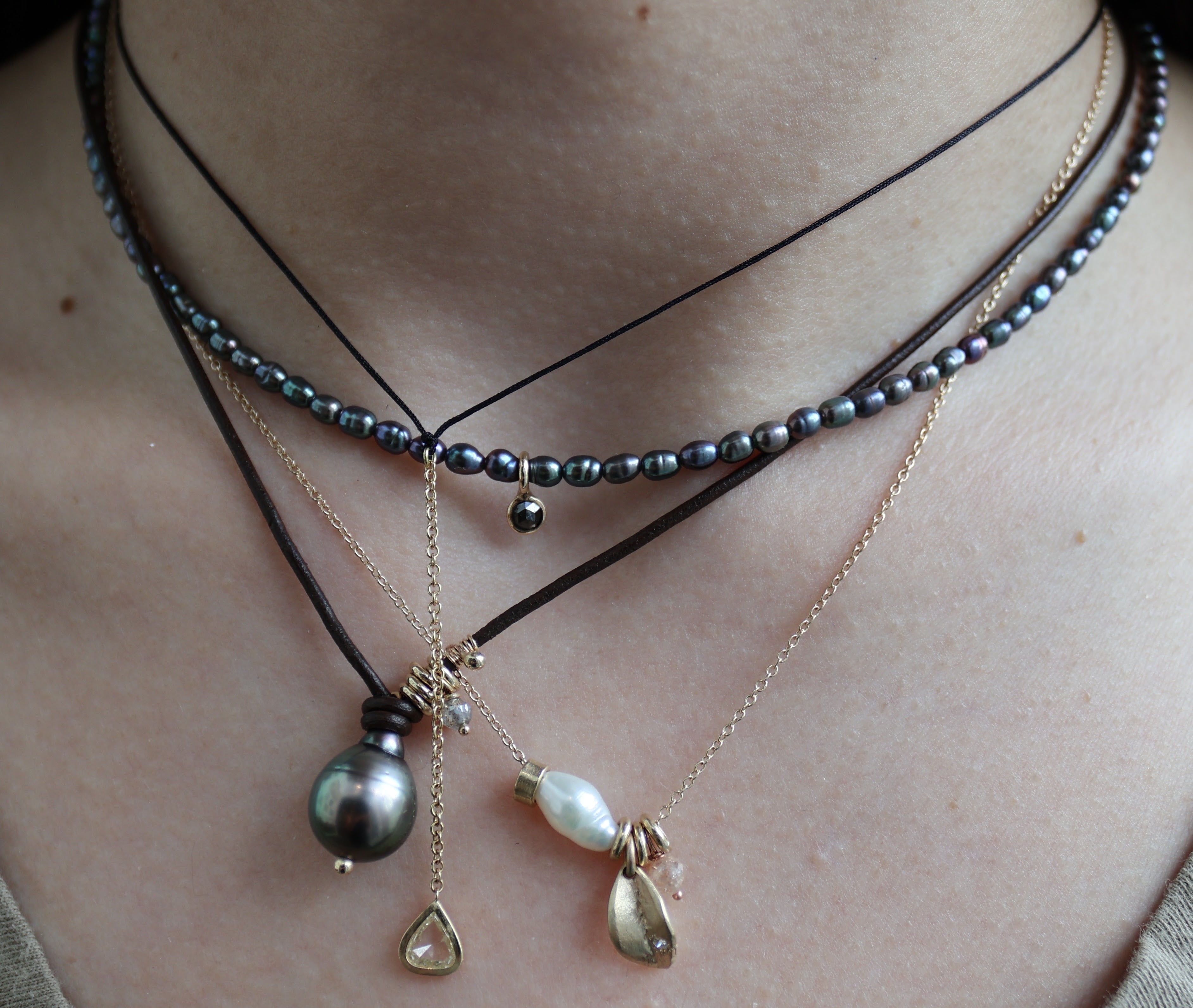 Pearl and Raw Diamond Leaf Necklace