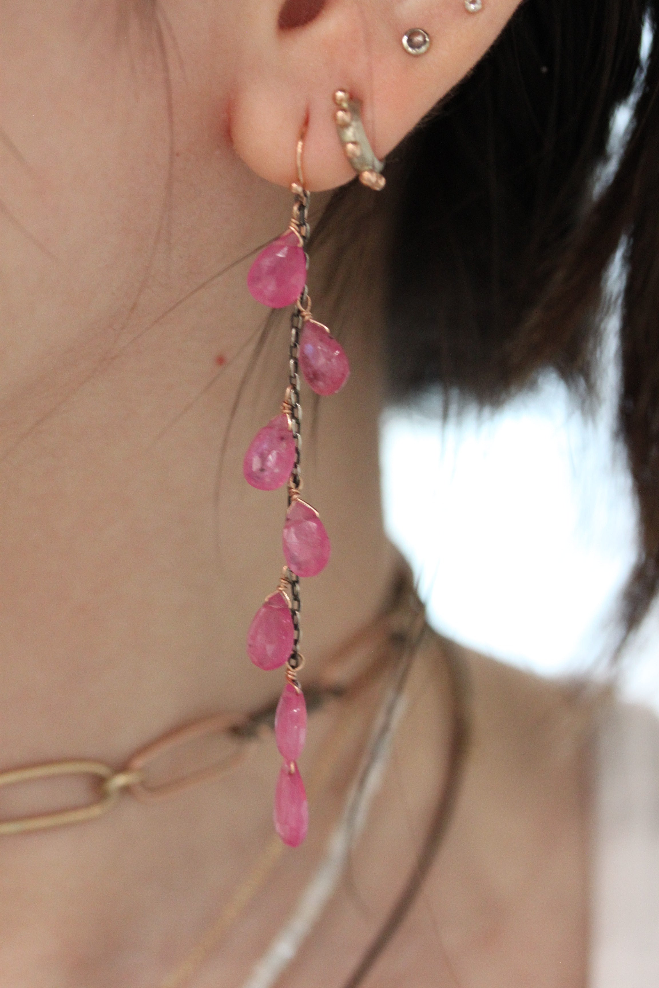 Seven Drop Pink Sapphire Dangle Earrings
