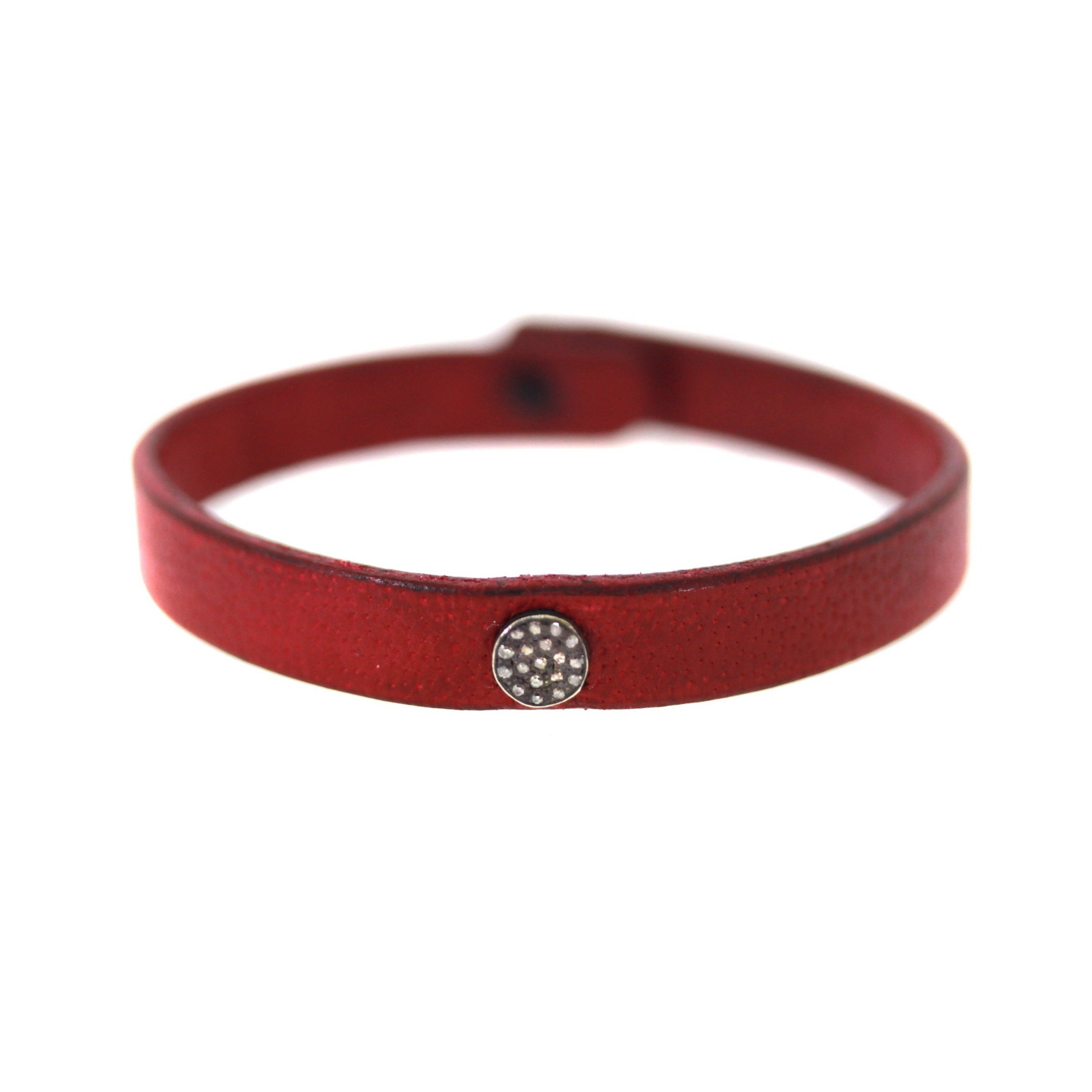 Diamond Disc Red Leather Bracelet