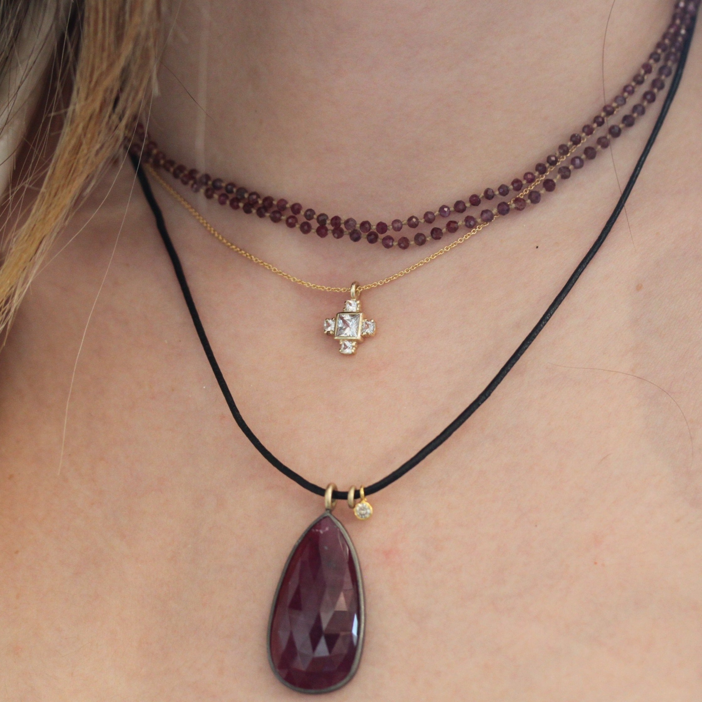 Ruby Diamond Leather Necklace