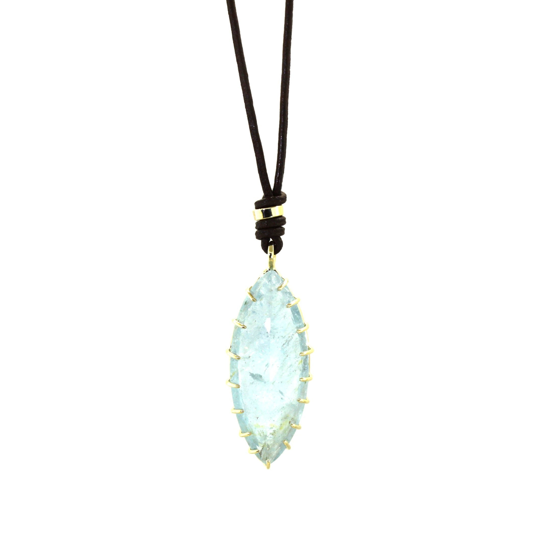 Raw Aquamarine Marquise Shaped Leather Necklace