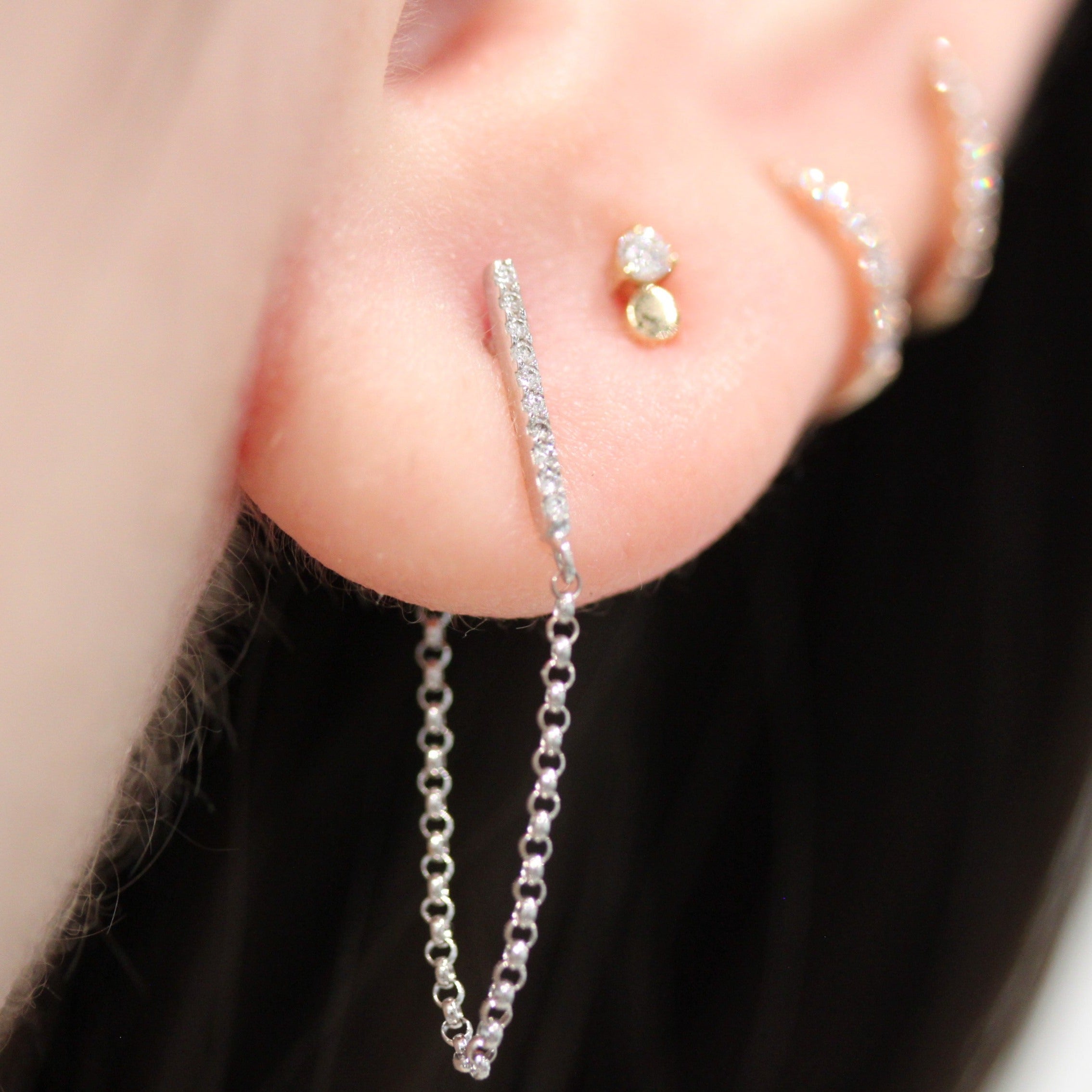 White Gold Pave Diamond Bar Chain Earrings