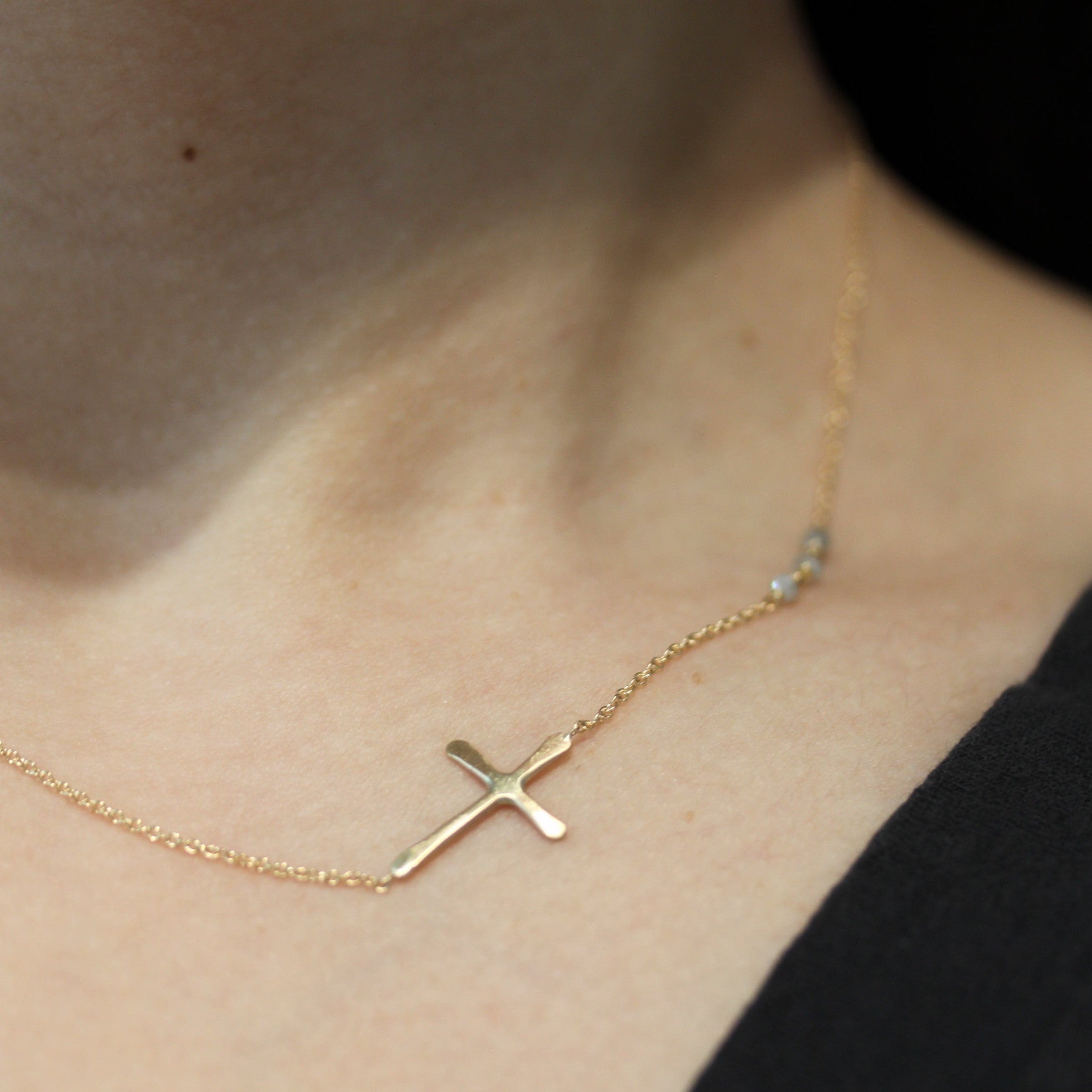 Yellow Gold & Raw Diamond Cross Necklace