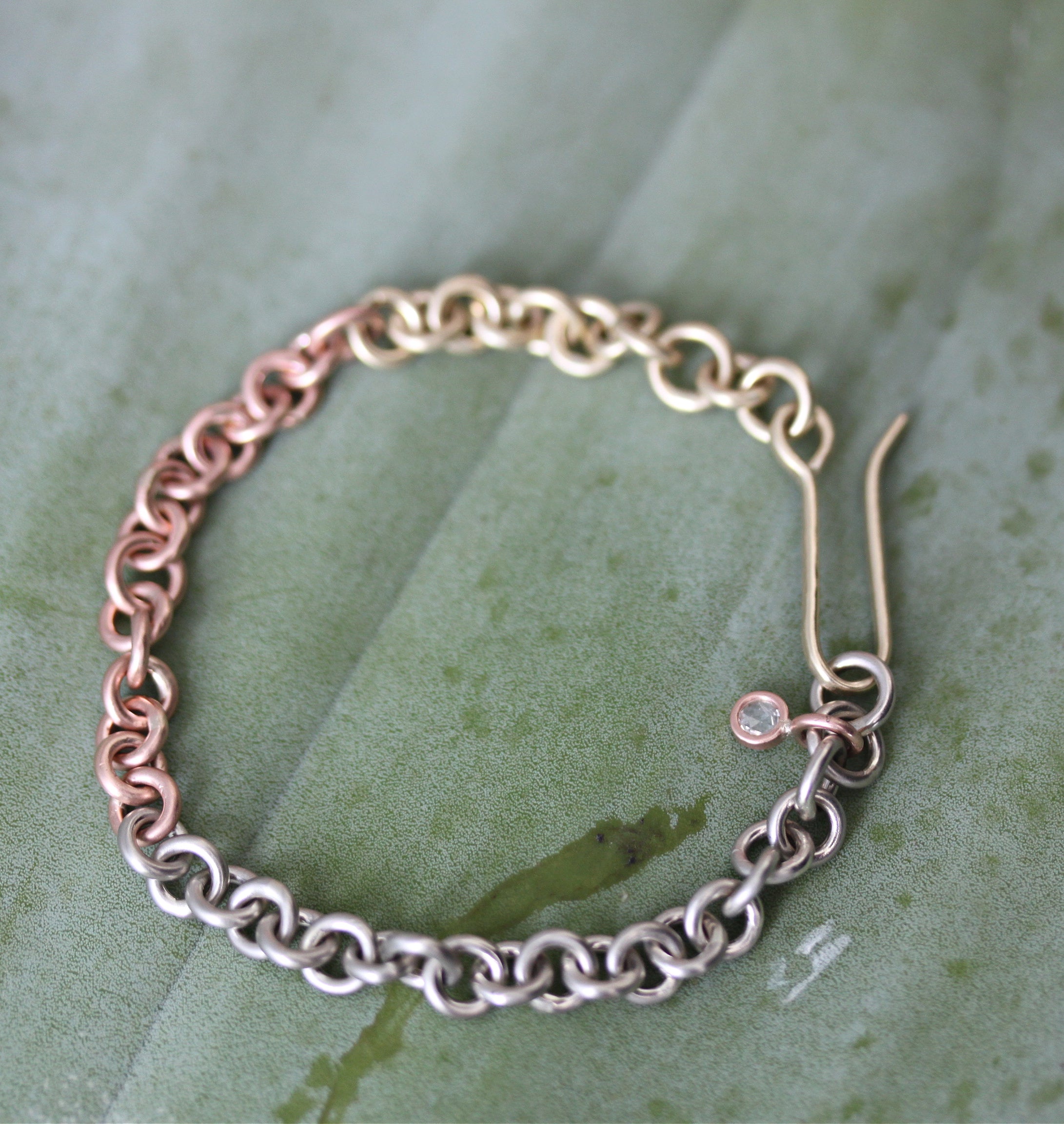 Tricolor Link Bracelet with Rose Cut Diamond Dangle