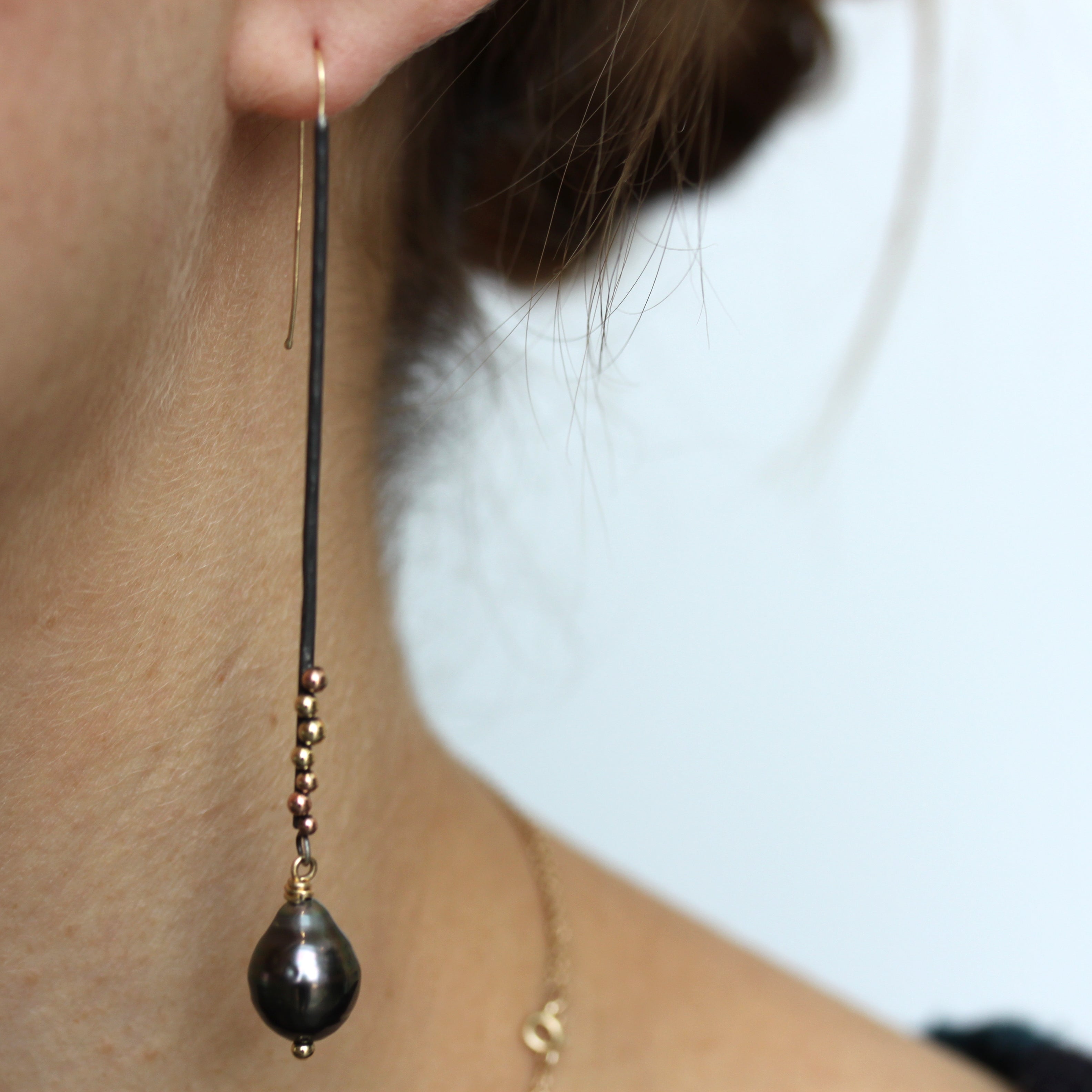 Tahitian Pearl Stick Earrings handmade at Rebecca Lankford's studio in Houston Heights, Houston, Texas