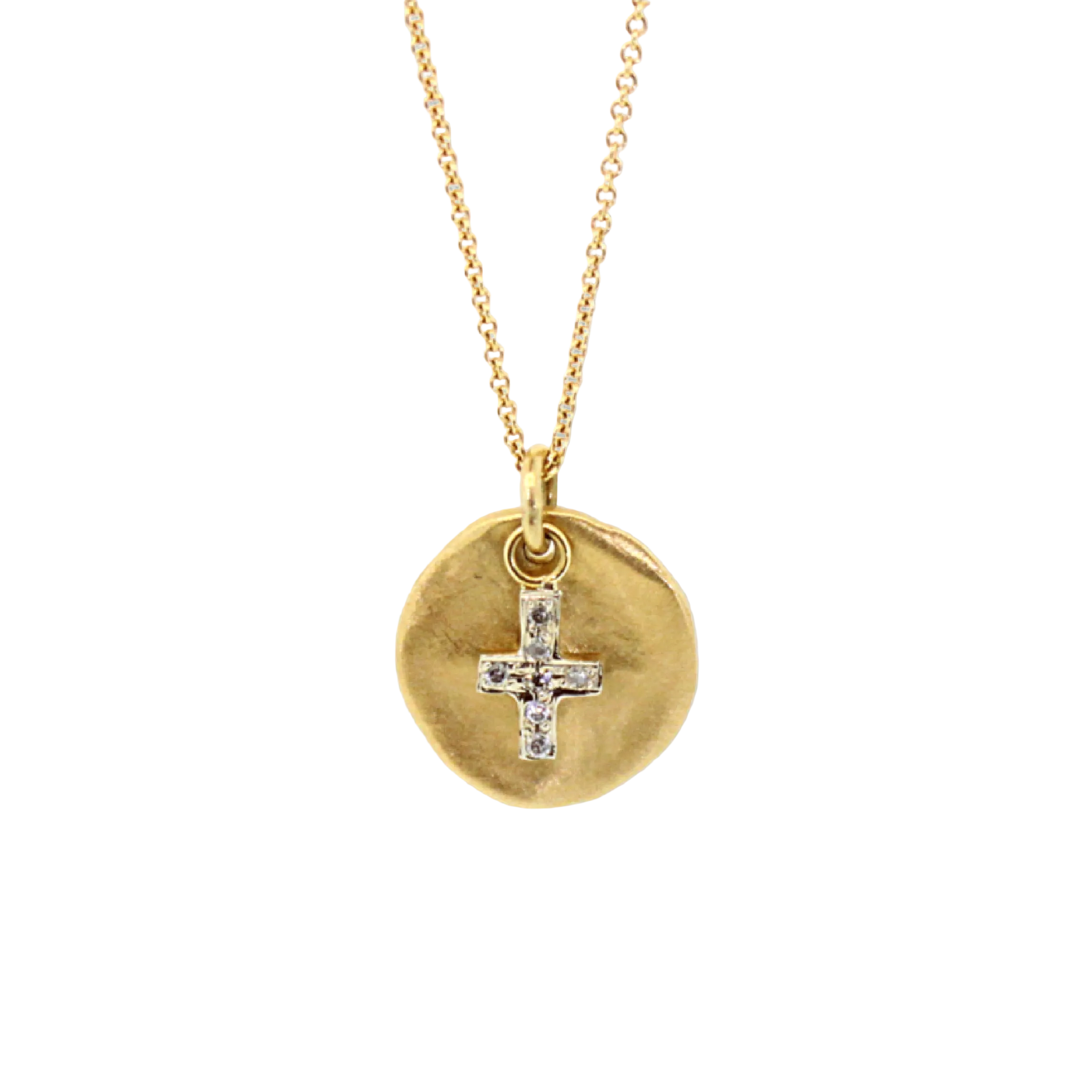 Gold Disc & Diamond Cross Necklace
