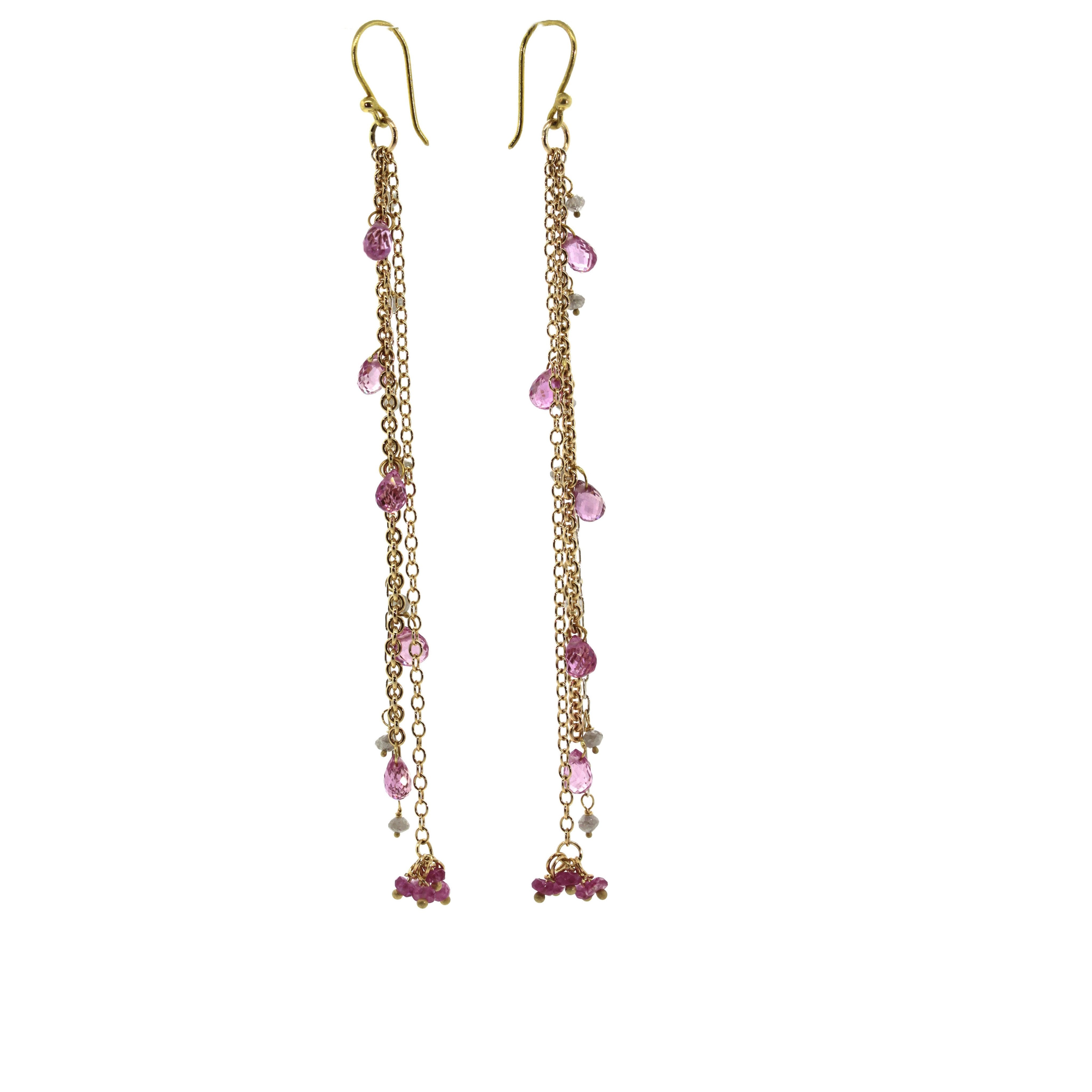 Pink Sapphire & Raw Diamond Waterfall Earrings