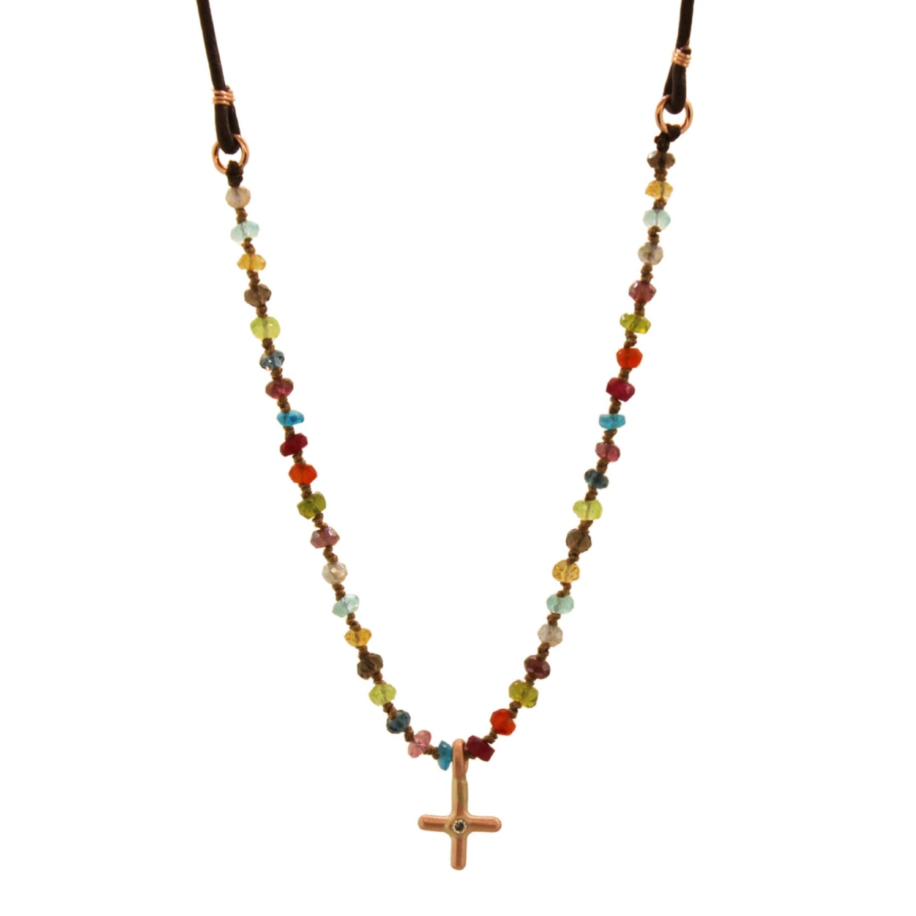 Multi Colored Gemstone & Rose Gold Diamond Cross Necklace